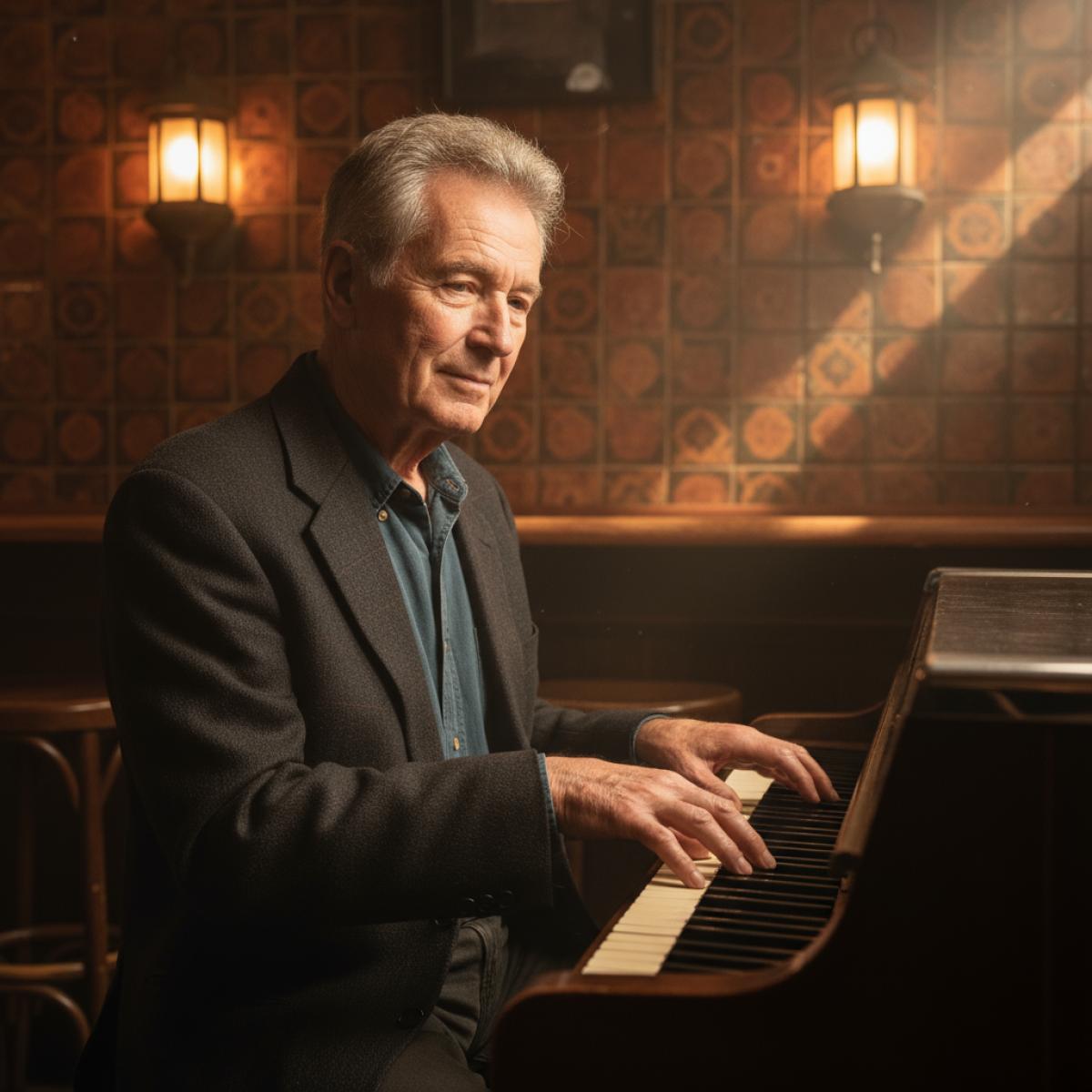 Un musicien âgé joue un piano électrique vintage dans un bar intimiste aux lumières chaudes.