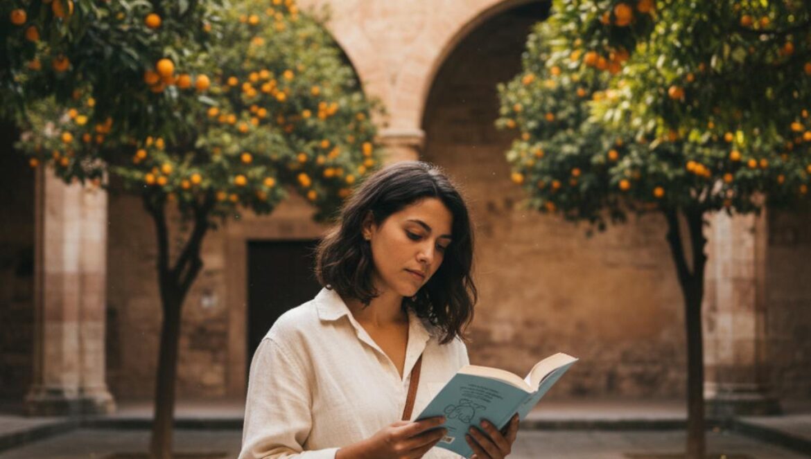 Jeune lectrice dans une cour historique ensoleillée avec orangers et arcades de pierre.