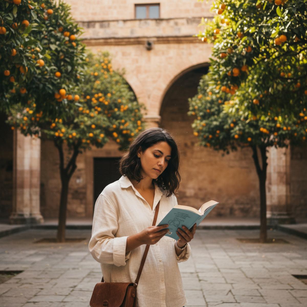 Jeune lectrice dans une cour historique ensoleillée avec orangers et arcades de pierre.