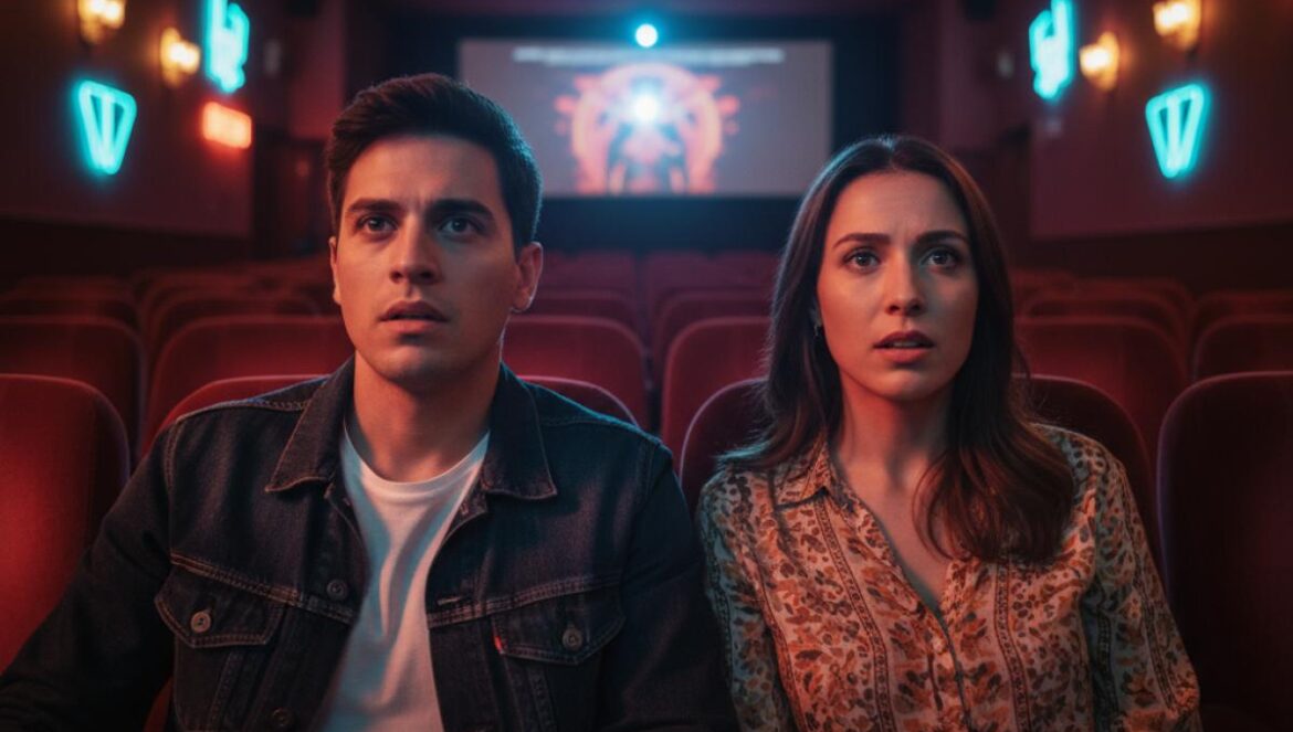 Jeunes spectateurs dans un vieux cinéma, lumière néon, suspense avant une séance de film d’horreur.