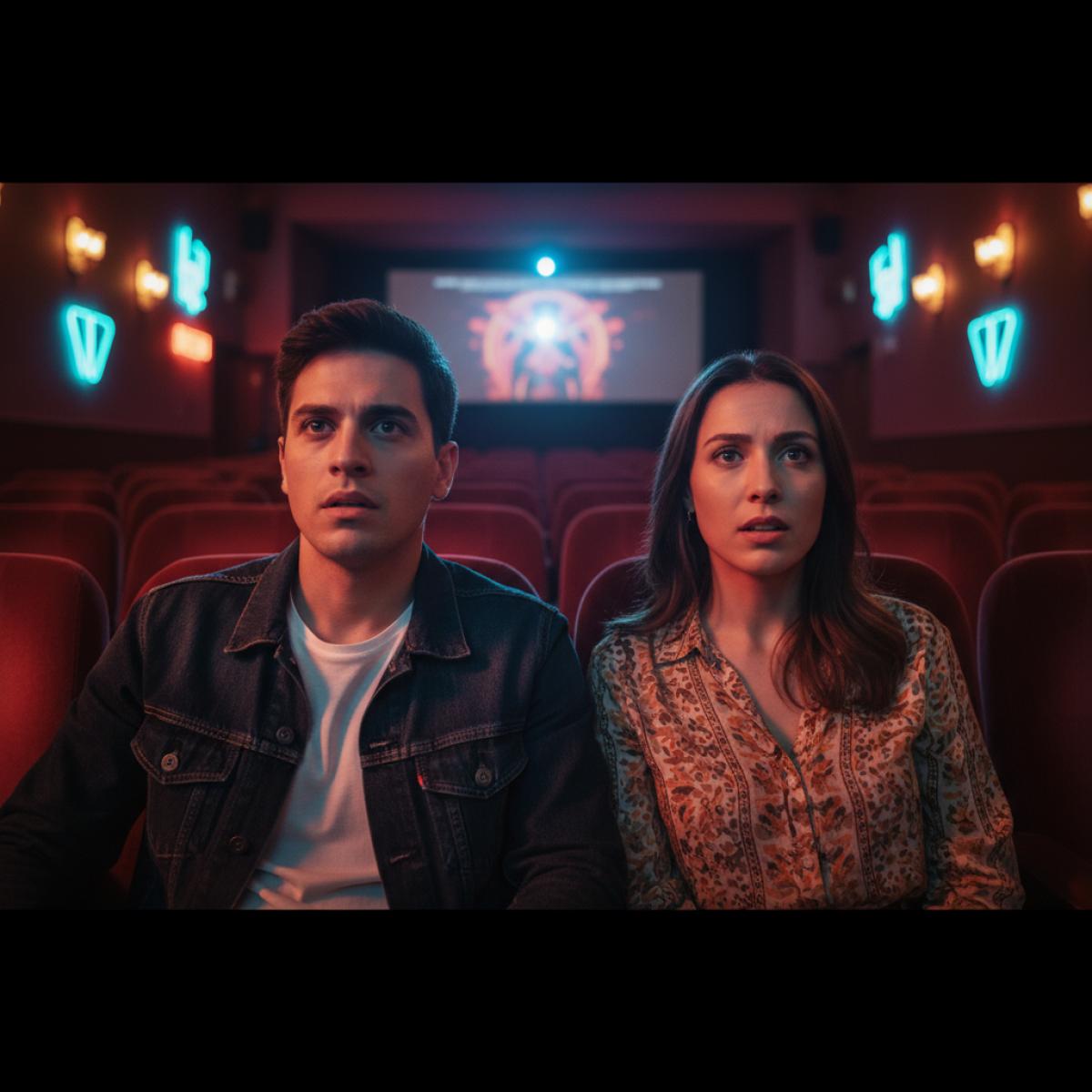 Jeunes spectateurs dans un vieux cinéma, lumière néon, suspense avant une séance de film d’horreur.