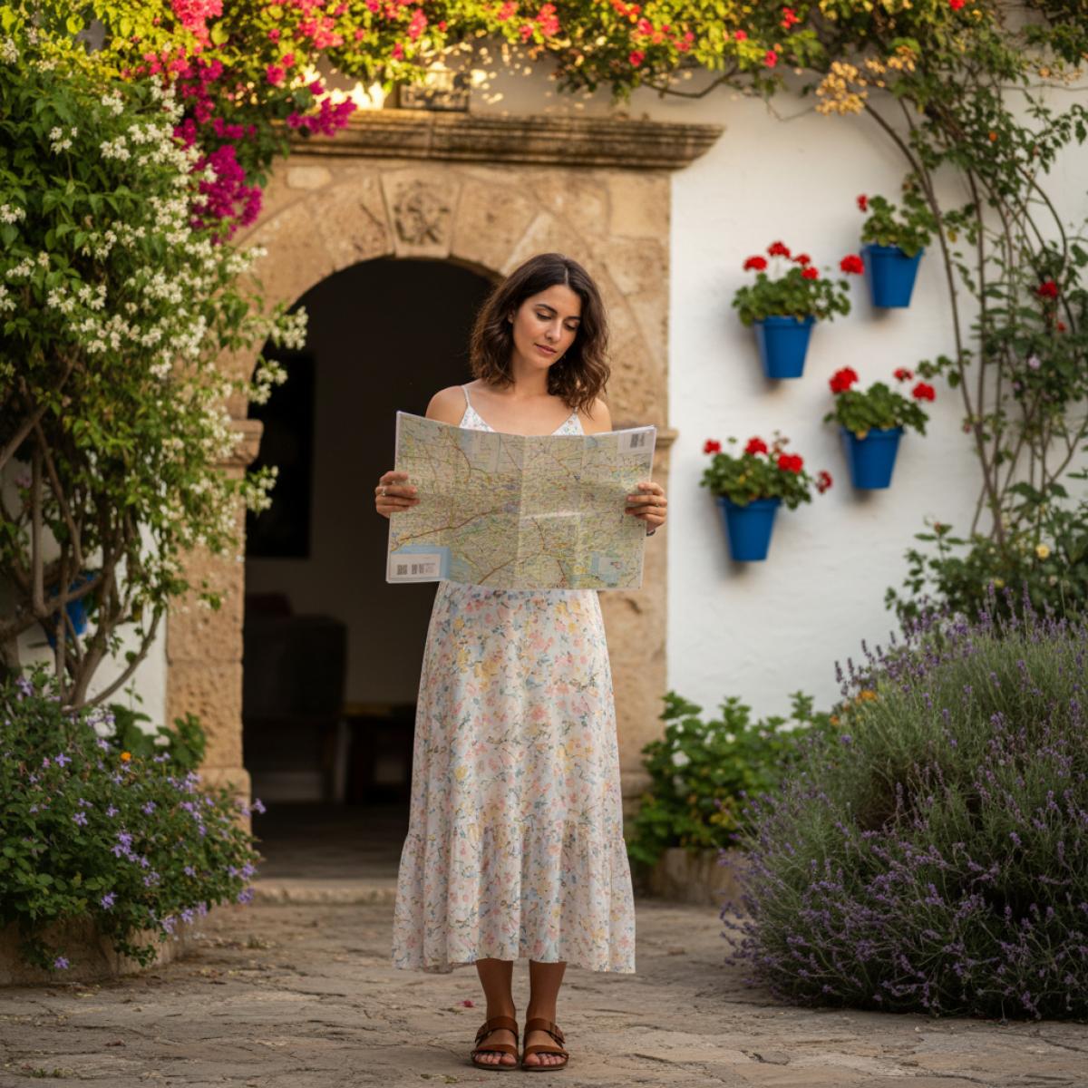 Jeune voyageuse au milieu d’un patio fleuri, carte en main, lumière dorée sur murs blanchis à la chaux et pots bleus.