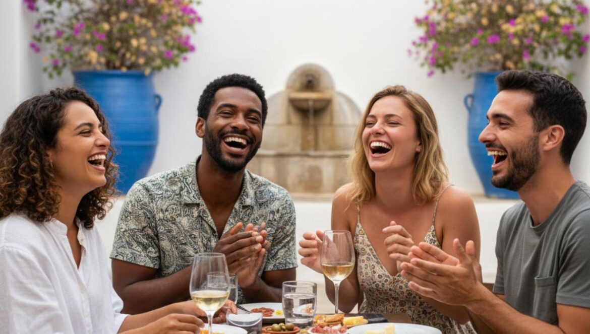 Groupe d’amis souriants autour de tapas dans un patio blanc aux pots bleus, lumière dorée.