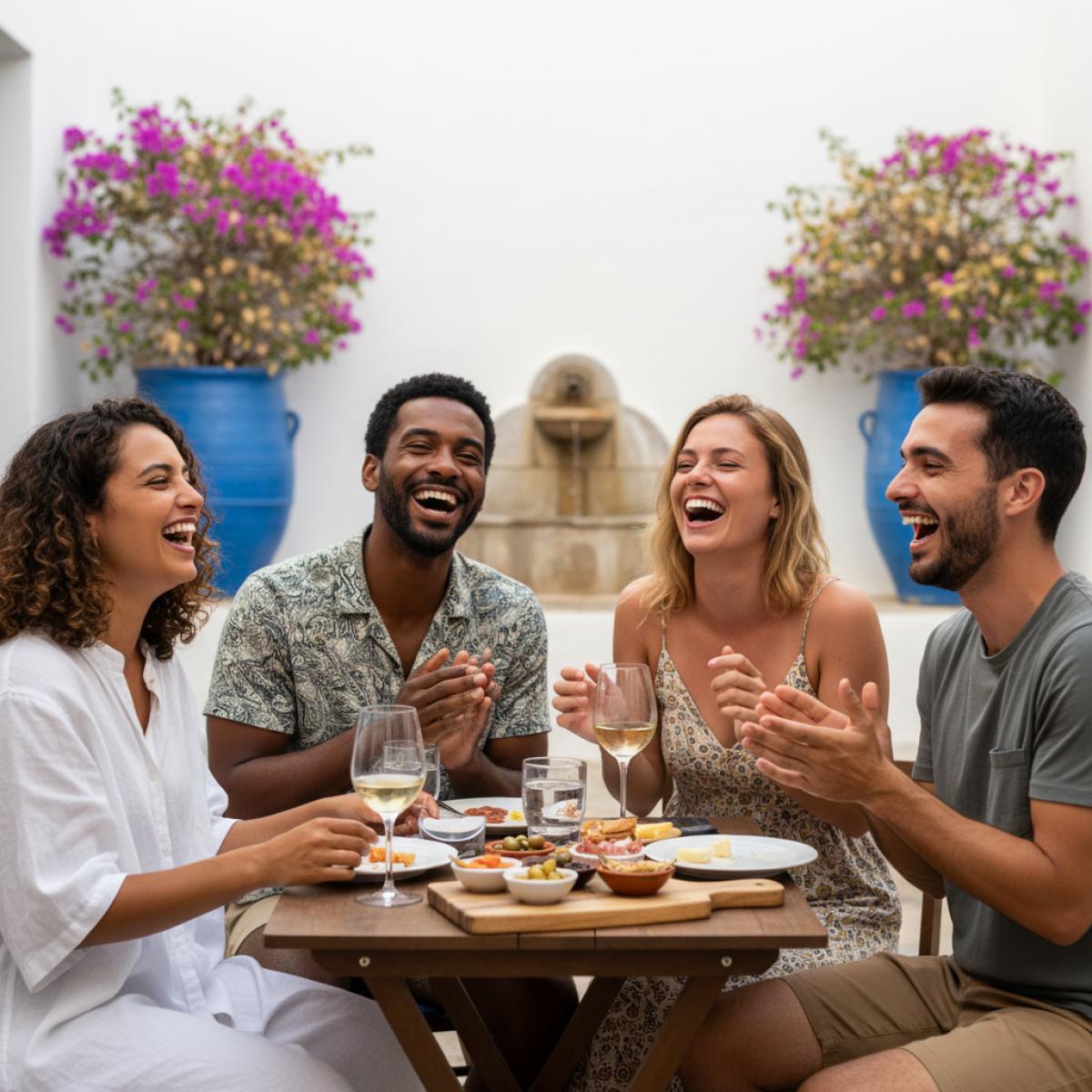 Groupe d’amis souriants autour de tapas dans un patio blanc aux pots bleus, lumière dorée.