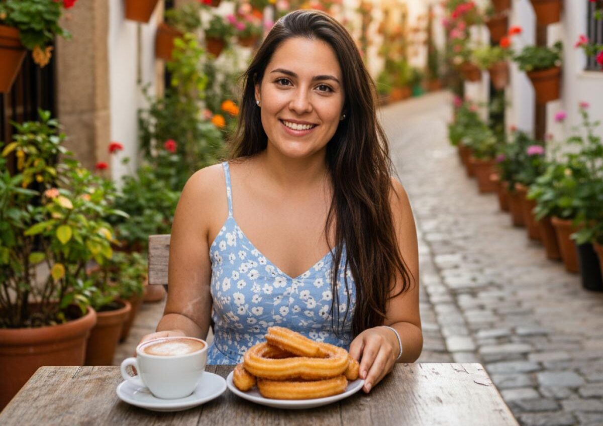 Jeune femme savourant des churros au chocolat à une terrasse ensoleillée, ruelle aux murs blanchis et pots fleuris.