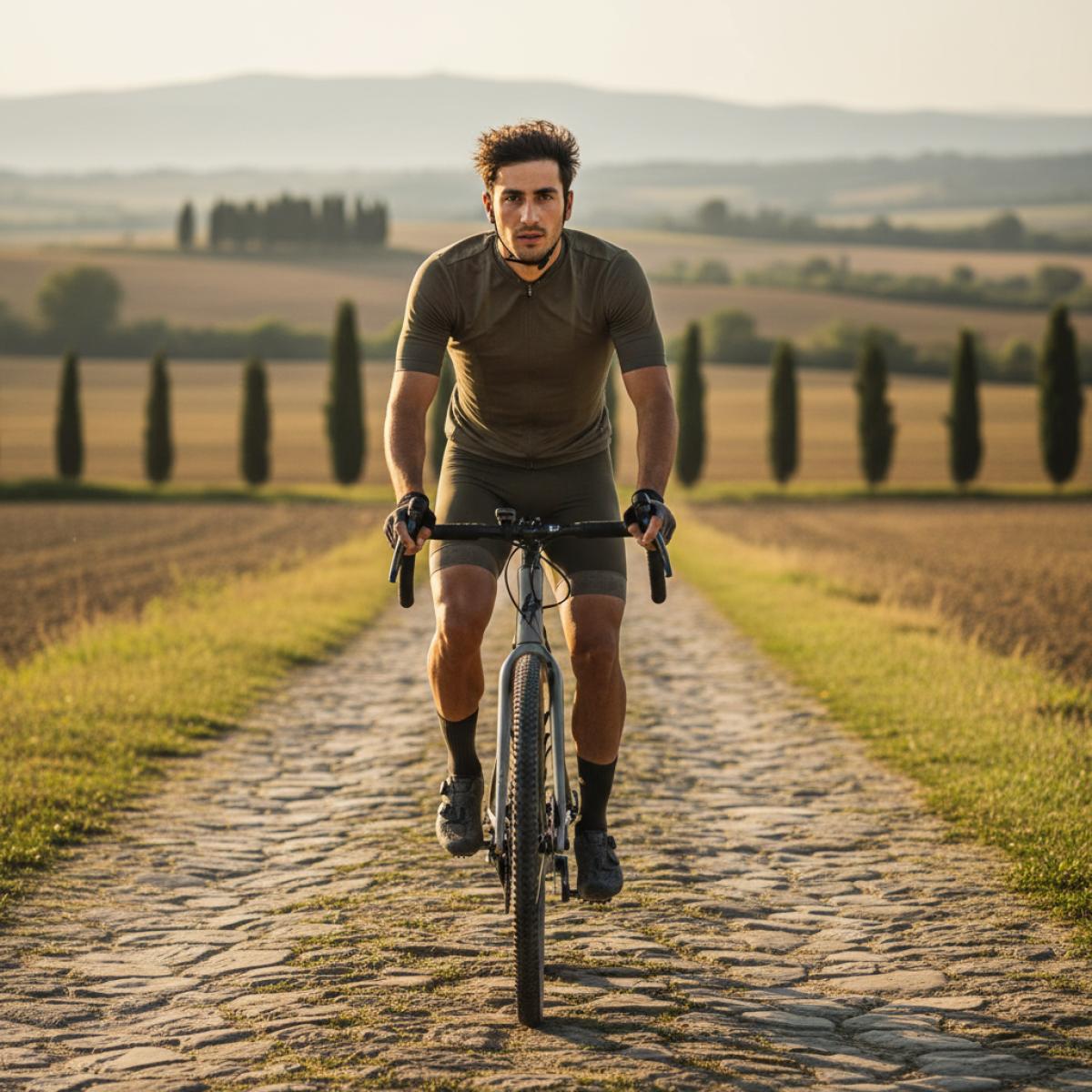 Cycliste sur un chemin de pierres bordé d’oliviers, lumière dorée, ambiance romaine.