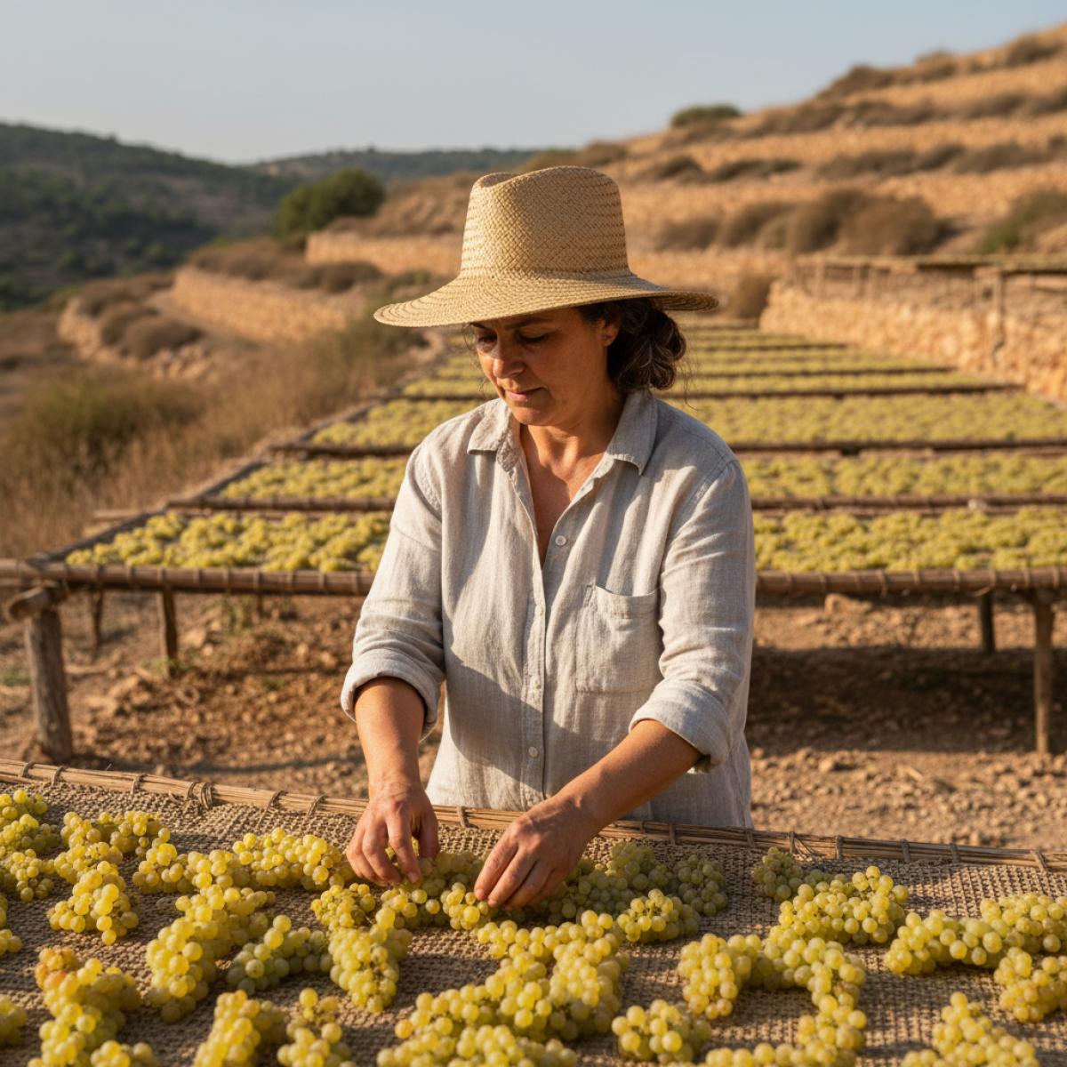 Vigneronne triant des grappes blanches sur une pasera ensoleillée, rangées de raisins séchant au soleil, ambiance rurale cordoue.