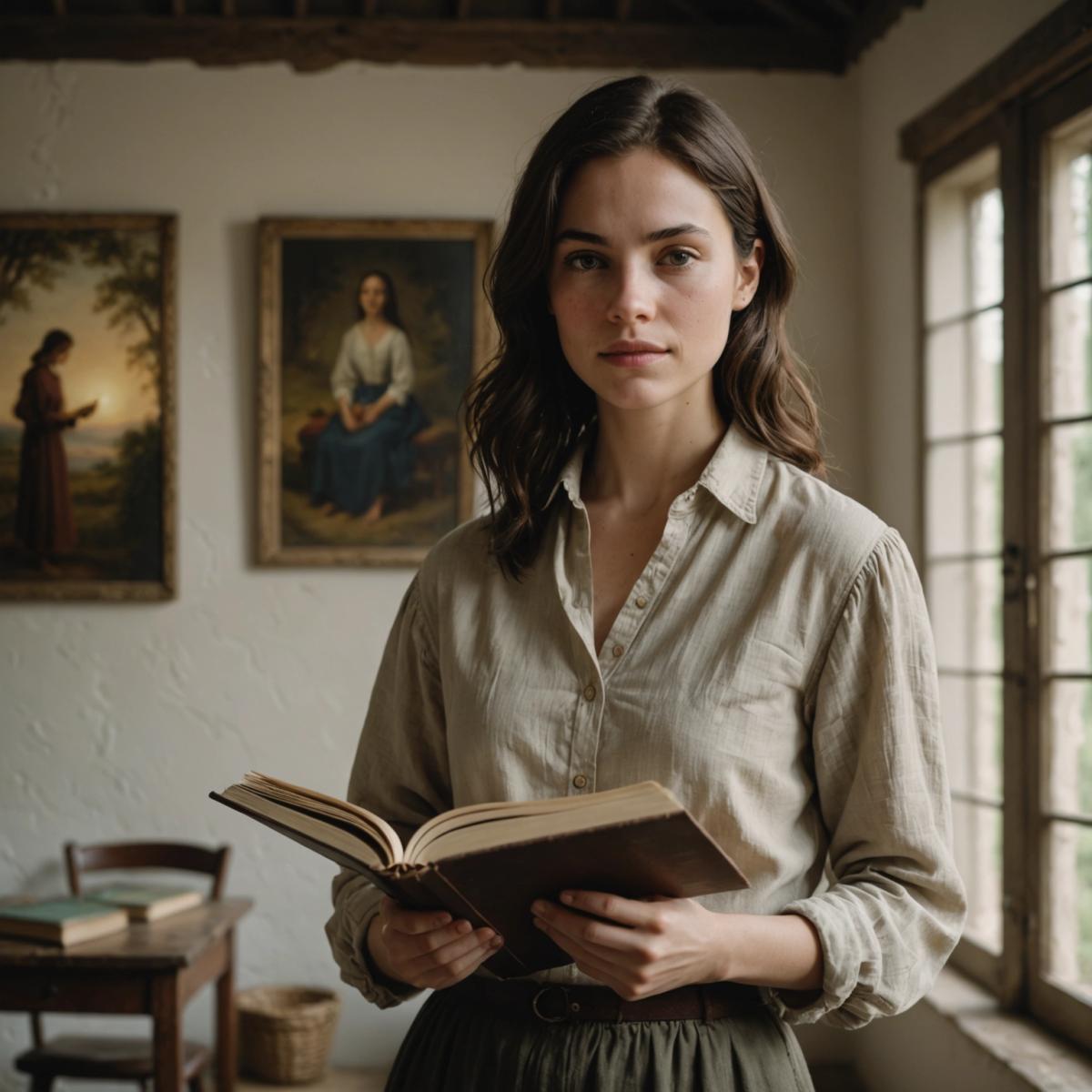 Jeune autrice tenant un album illustré, avec en arrière-plan des silhouettes de danse et de musique, ambiance de galerie lumineuse.