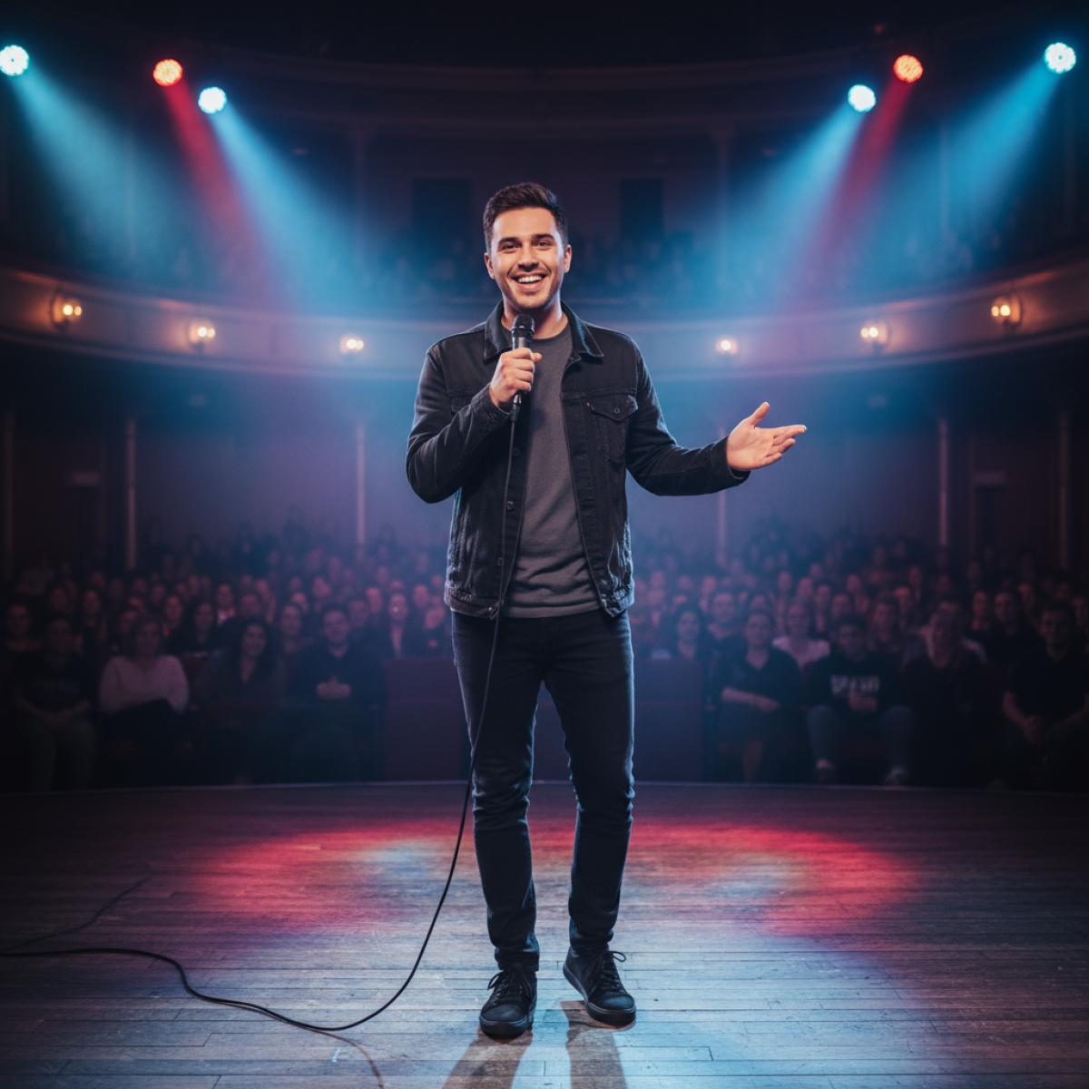 Humoriste sur scène à Cordoue, micro en main, lumières colorées et public impliqué dans un théâtre intimiste.