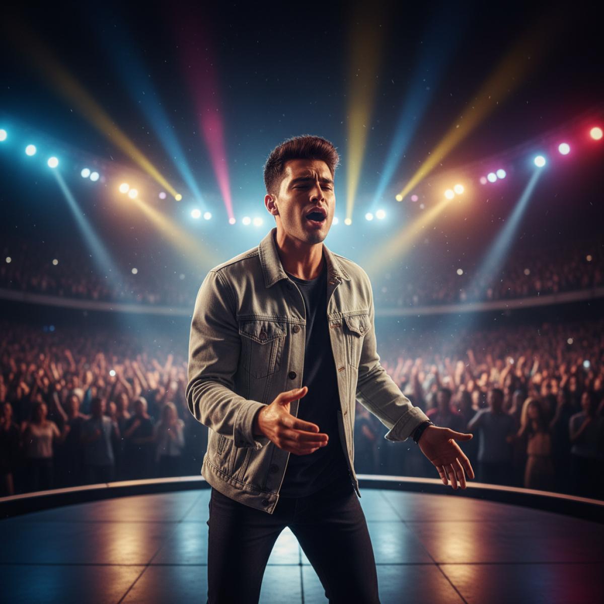 Chanteur pop andalou sur scène, éclairages vifs, arène circulaire remplie, public acclamant sous le ciel nocturne.