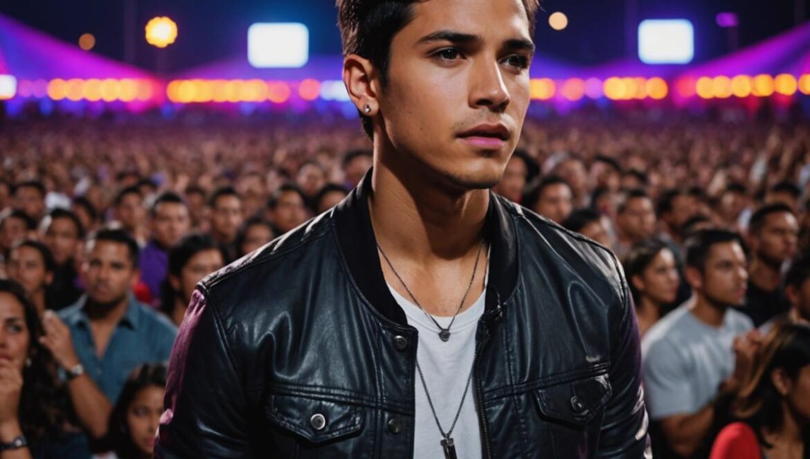 Chanteur pop latino, micro en main, éclairages rouge et violet, arène bondée en arrière-plan à la tombée de la nuit.