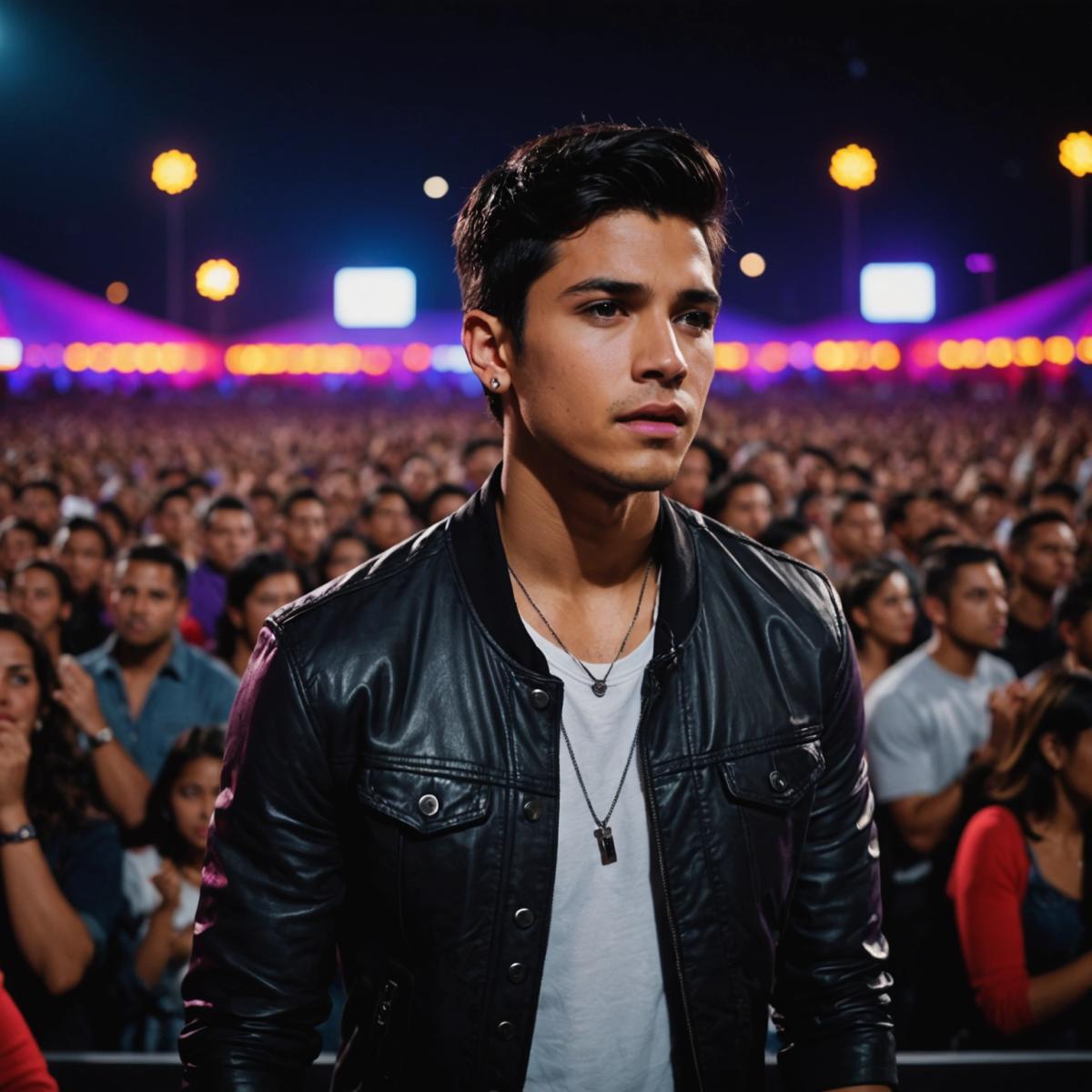 Chanteur pop latino, micro en main, éclairages rouge et violet, arène bondée en arrière-plan à la tombée de la nuit.