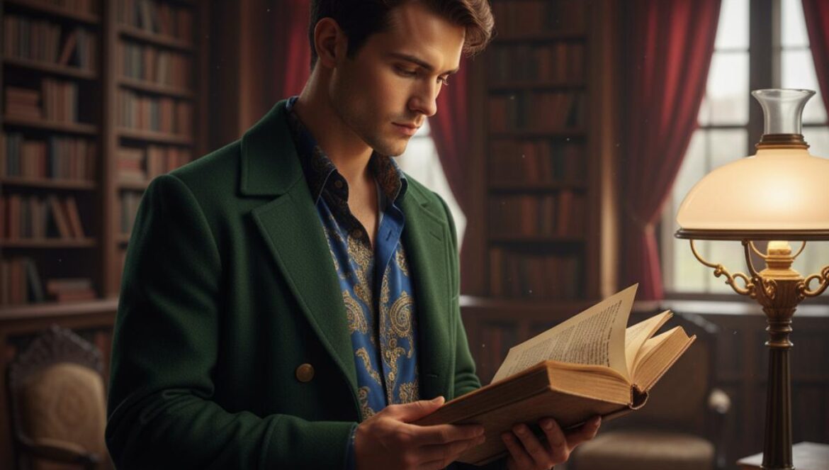 Un dandy en manteau vintage lit un livre ancien à la lumière d’une lampe dans une bibliothèque feutrée.