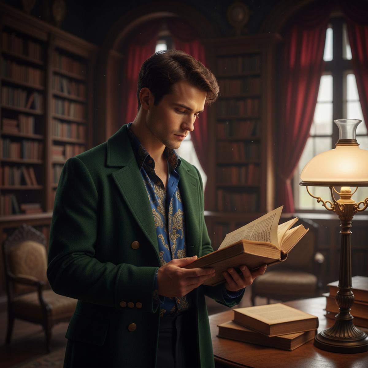 Un dandy en manteau vintage lit un livre ancien à la lumière d’une lampe dans une bibliothèque feutrée.