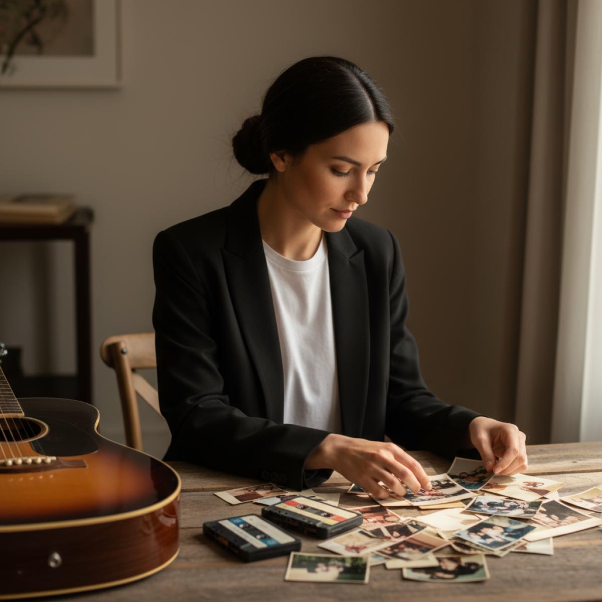 Jeune femme méditerranéenne, centrée, feuilletant photos et cassettes près d’une guitare, dans une lumière douce.
