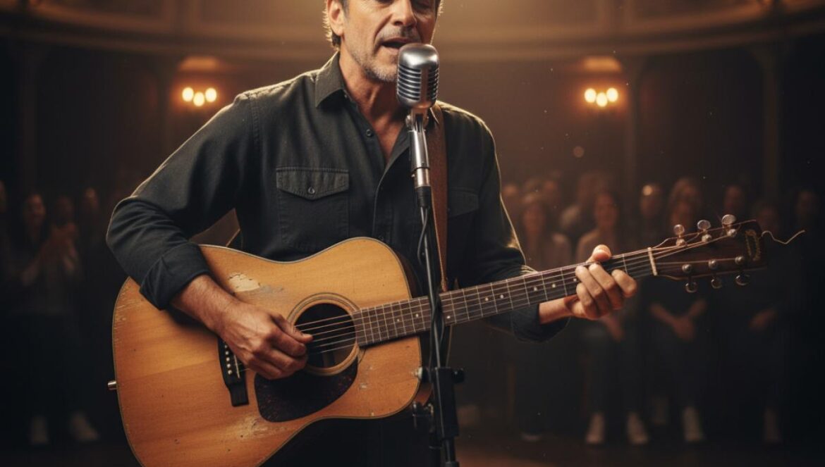 Chanteur à la guitare, éclairé par des projecteurs chauds, sur une scène de théâtre intime.