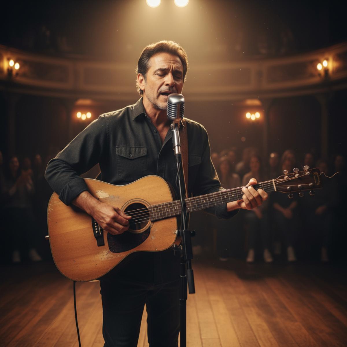 Chanteur à la guitare, éclairé par des projecteurs chauds, sur une scène de théâtre intime.