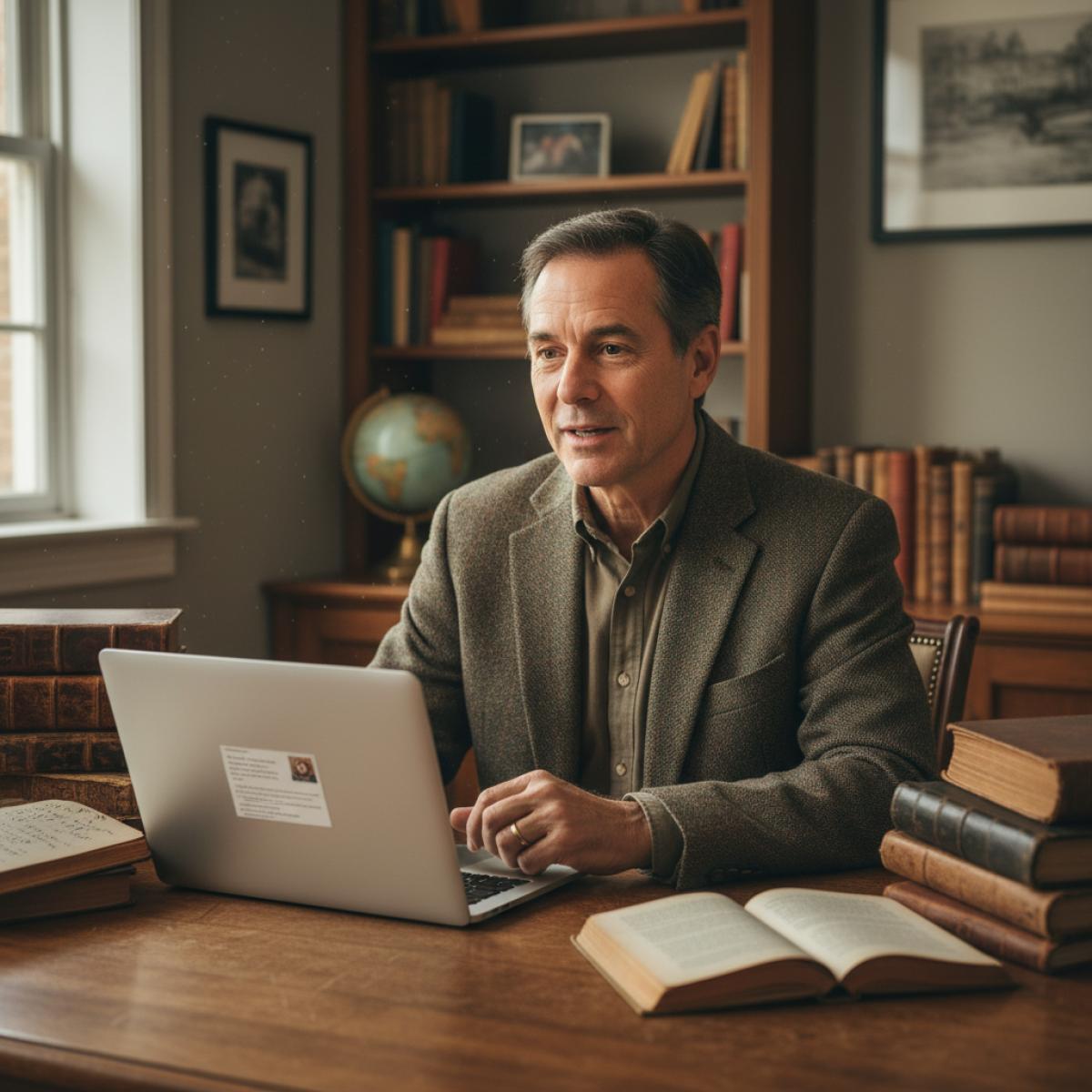 Conférencier en ligne, entouré de livres anciens et d’un ordinateur, expliquant la poésie baroque.