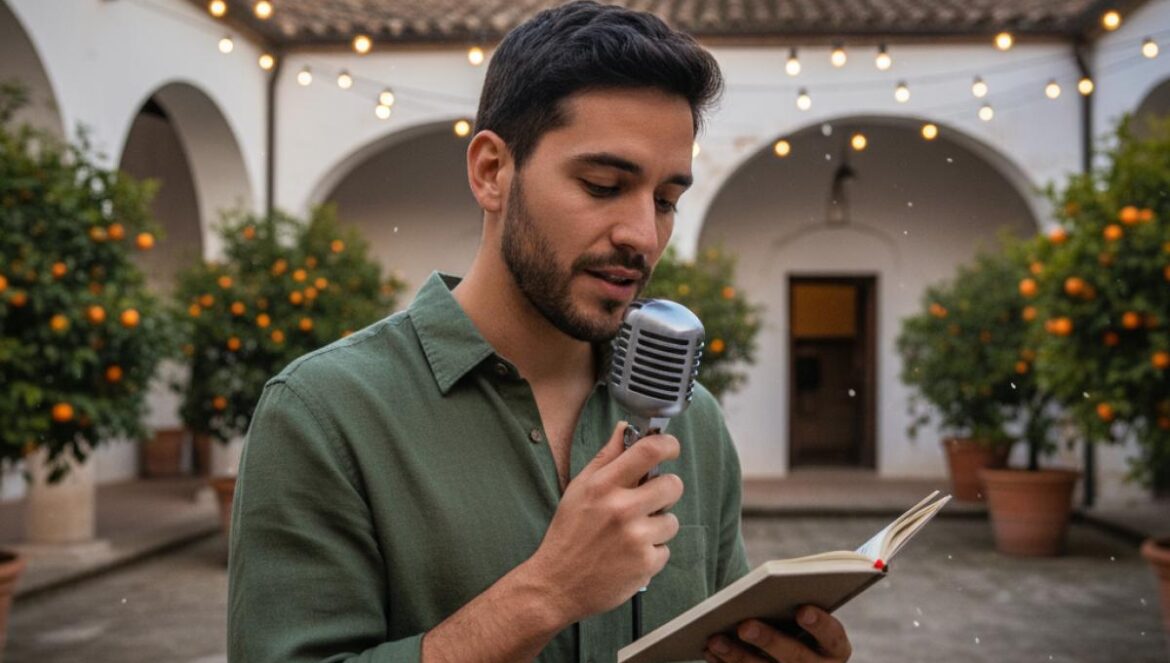 Un jeune poète lit au micro dans un patio éclairé de guirlandes, entre arches blanches et orangers.