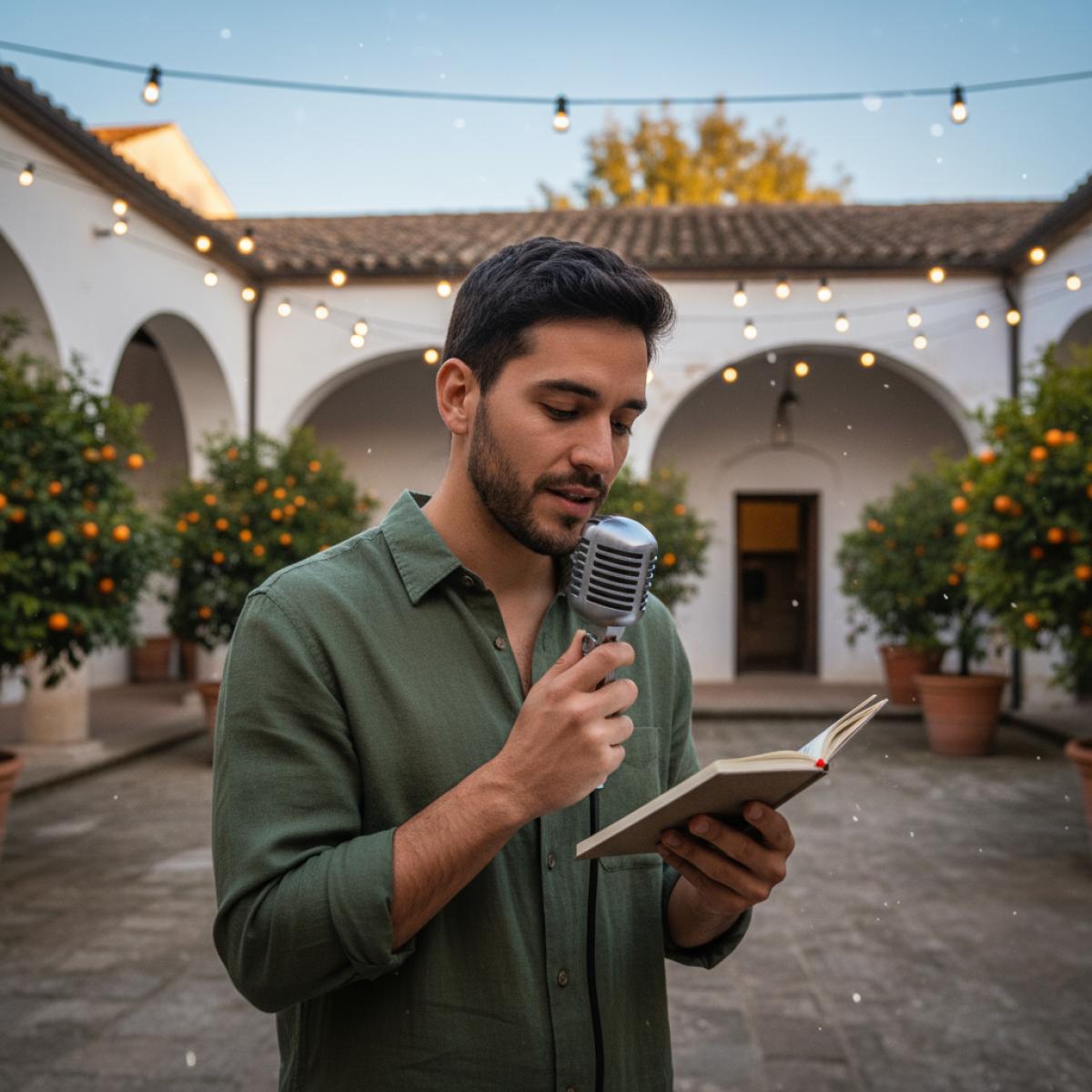 Un jeune poète lit au micro dans un patio éclairé de guirlandes, entre arches blanches et orangers.