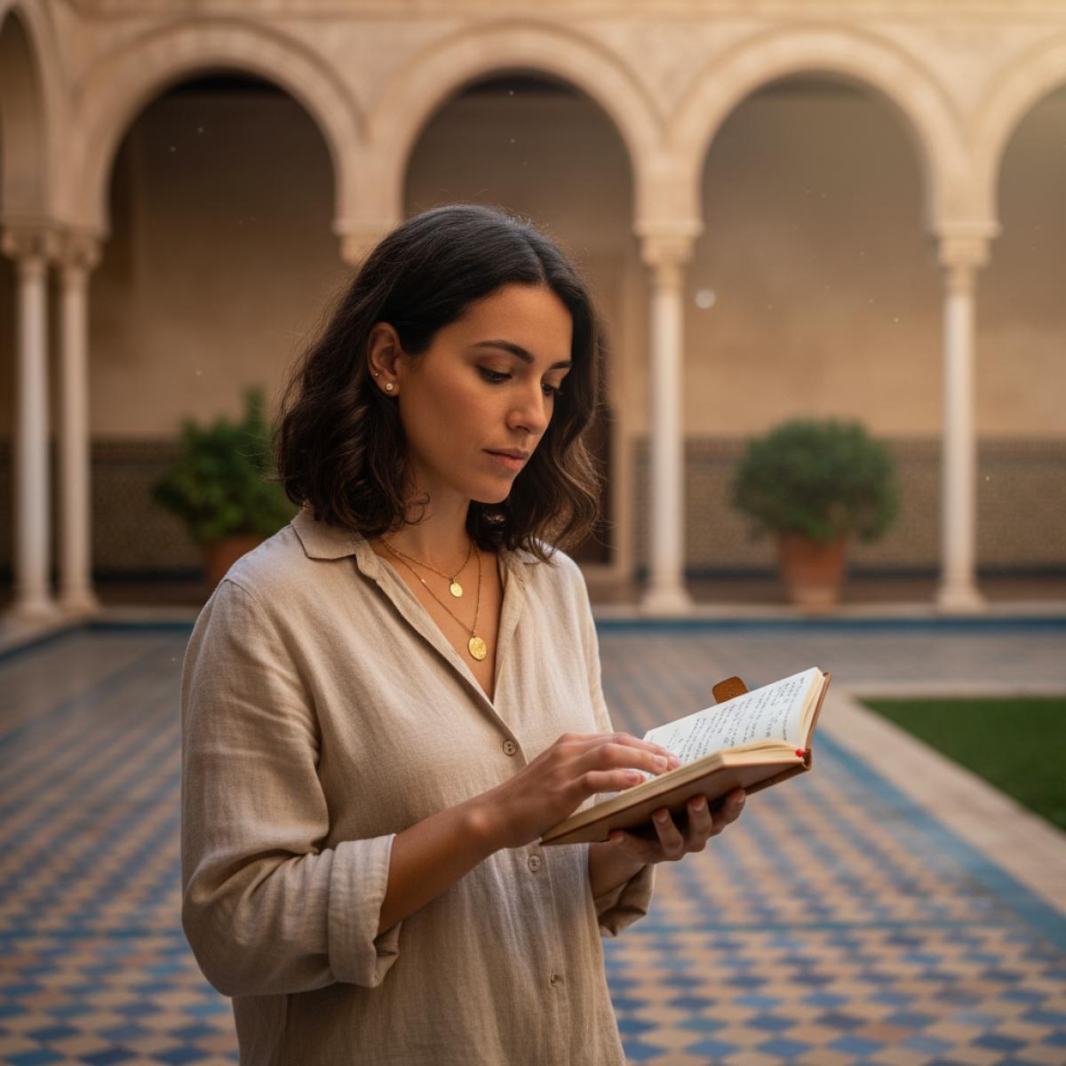 Jeune femme méditerranéenne, carnet en main, dans une cour à arcs, entre lumière dorée et azulejos, évoquant Wallada et les débats féministes d’aujourd’hui.