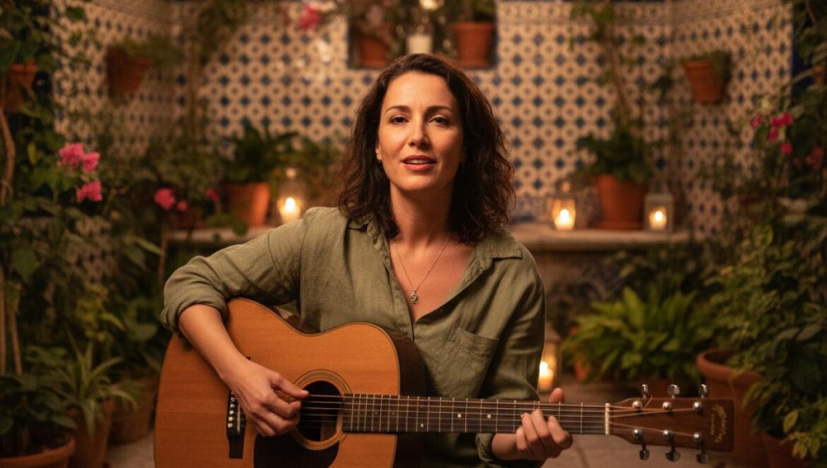 Chanteuse à la guitare dans un patio nocturne, ambiance intimiste au Palacio de Viana à Córdoba.