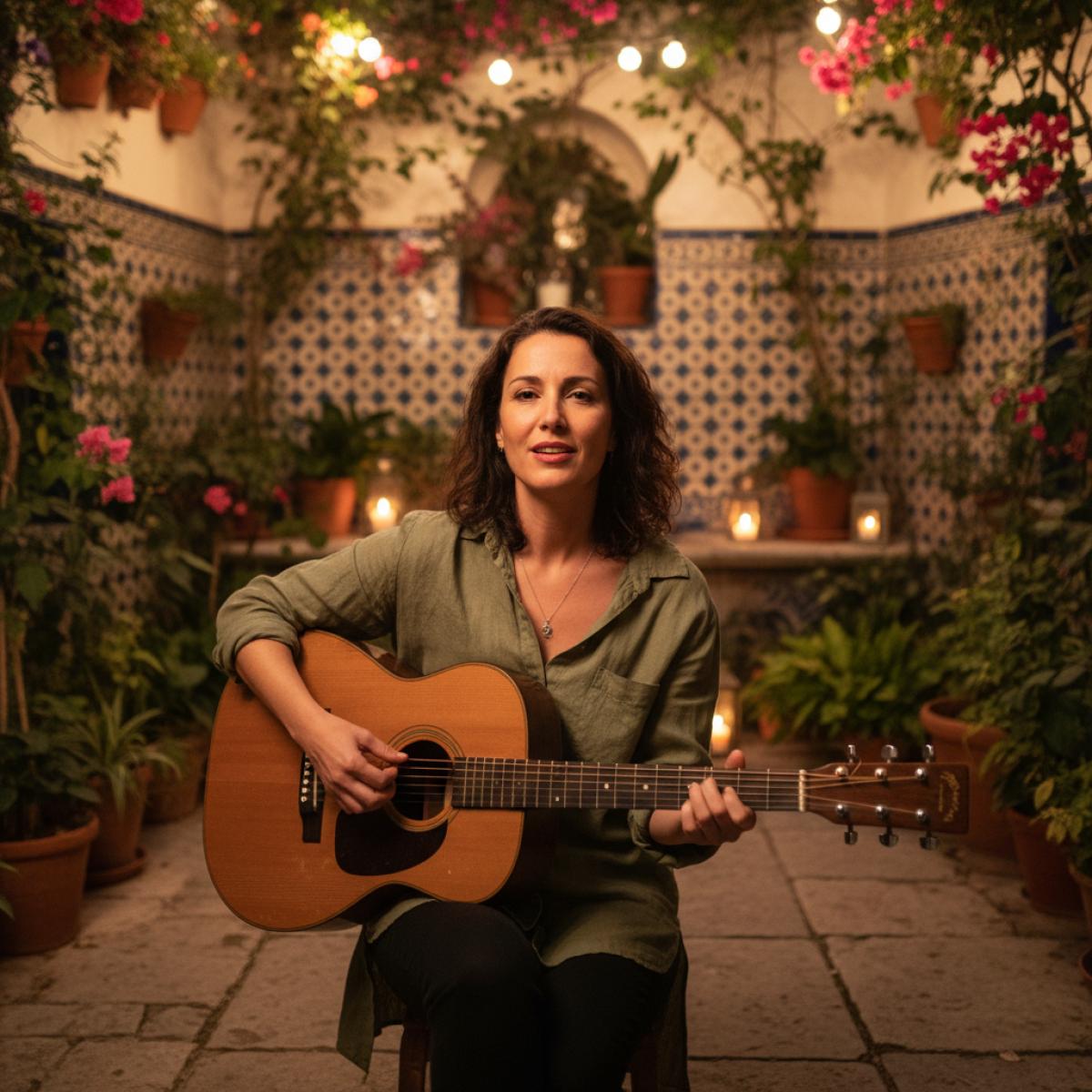 Chanteuse à la guitare dans un patio nocturne, ambiance intimiste au Palacio de Viana à Córdoba.