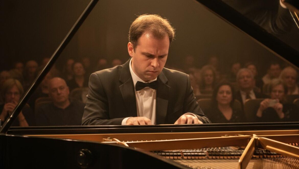 Pianiste en récital, éclairé par des projecteurs chauds, devant un piano à queue dans une salle comble à l’atmosphère feutrée.