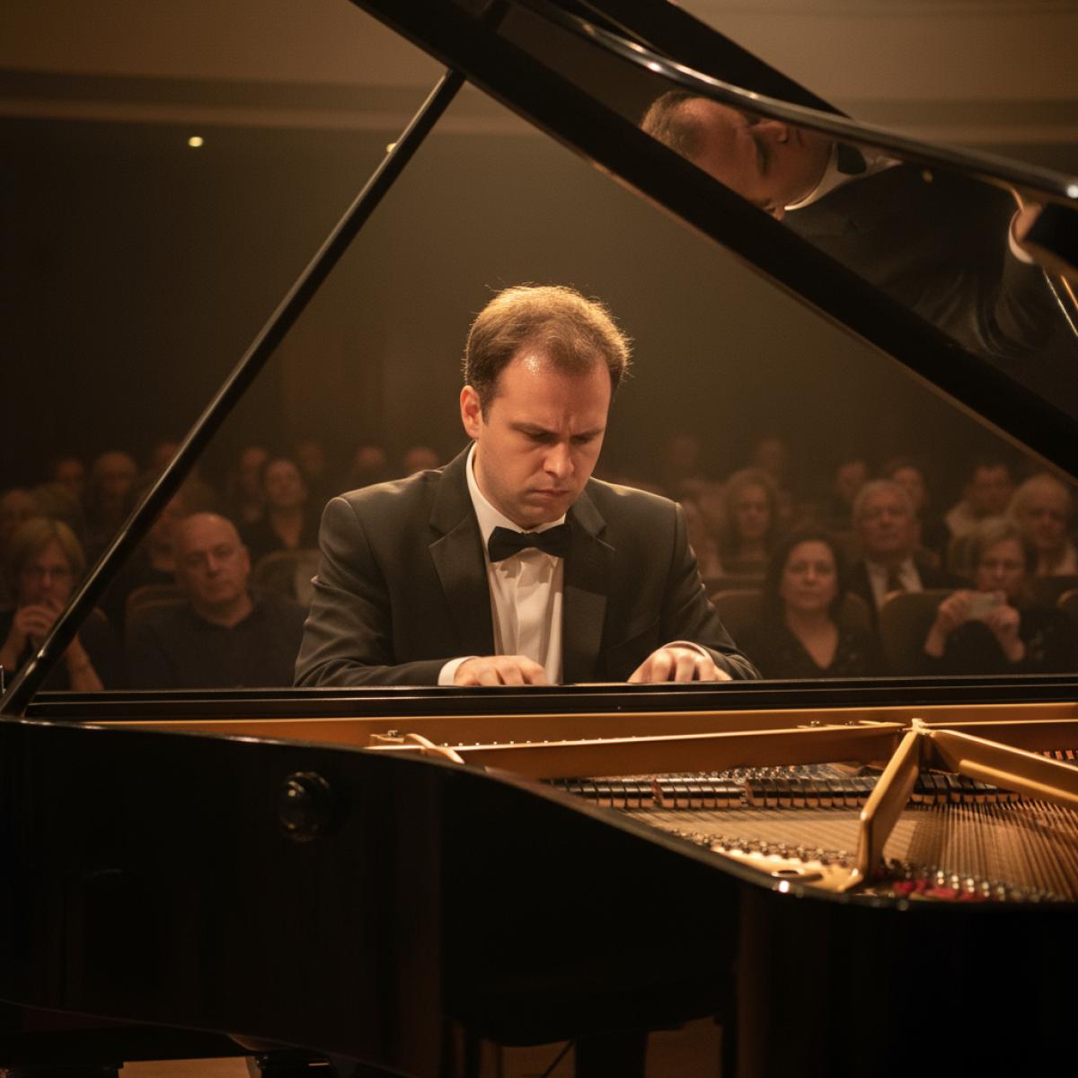 Pianiste en récital, éclairé par des projecteurs chauds, devant un piano à queue dans une salle comble à l’atmosphère feutrée.