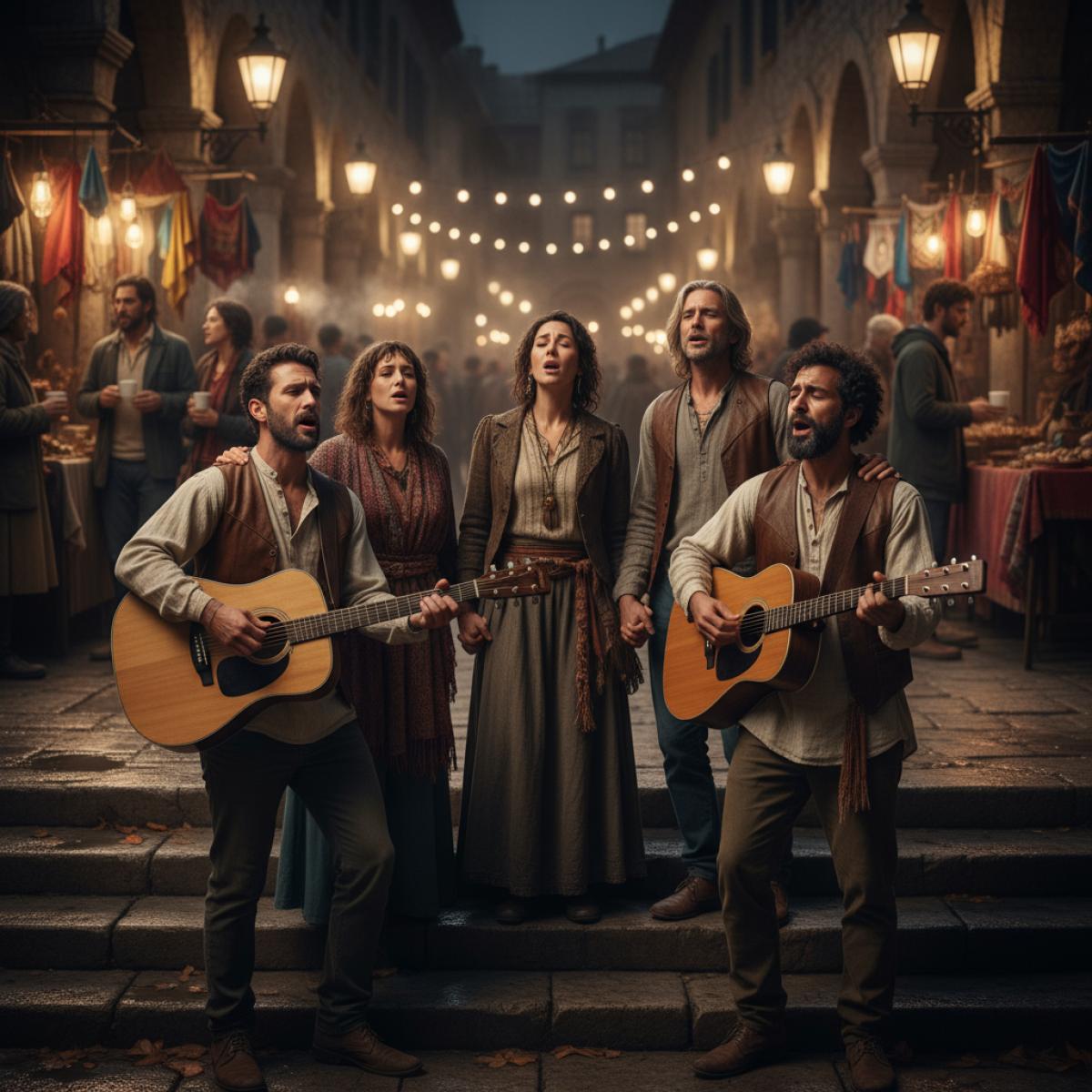 Un chœur et des guitaristes jouent de nuit sur des marches en pierre, éclairage chaleureux, public rassemblé.