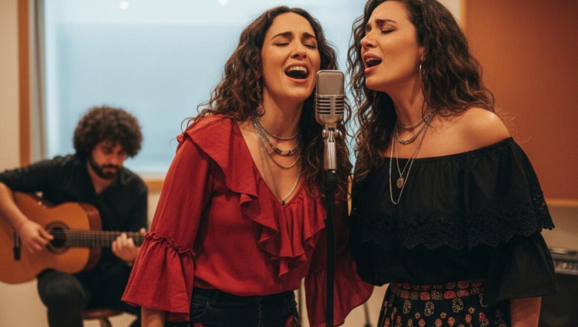Deux chanteuses enregistrent en studio, micro partagé, guitare flamenca en arrière-plan, ambiance chaude.
