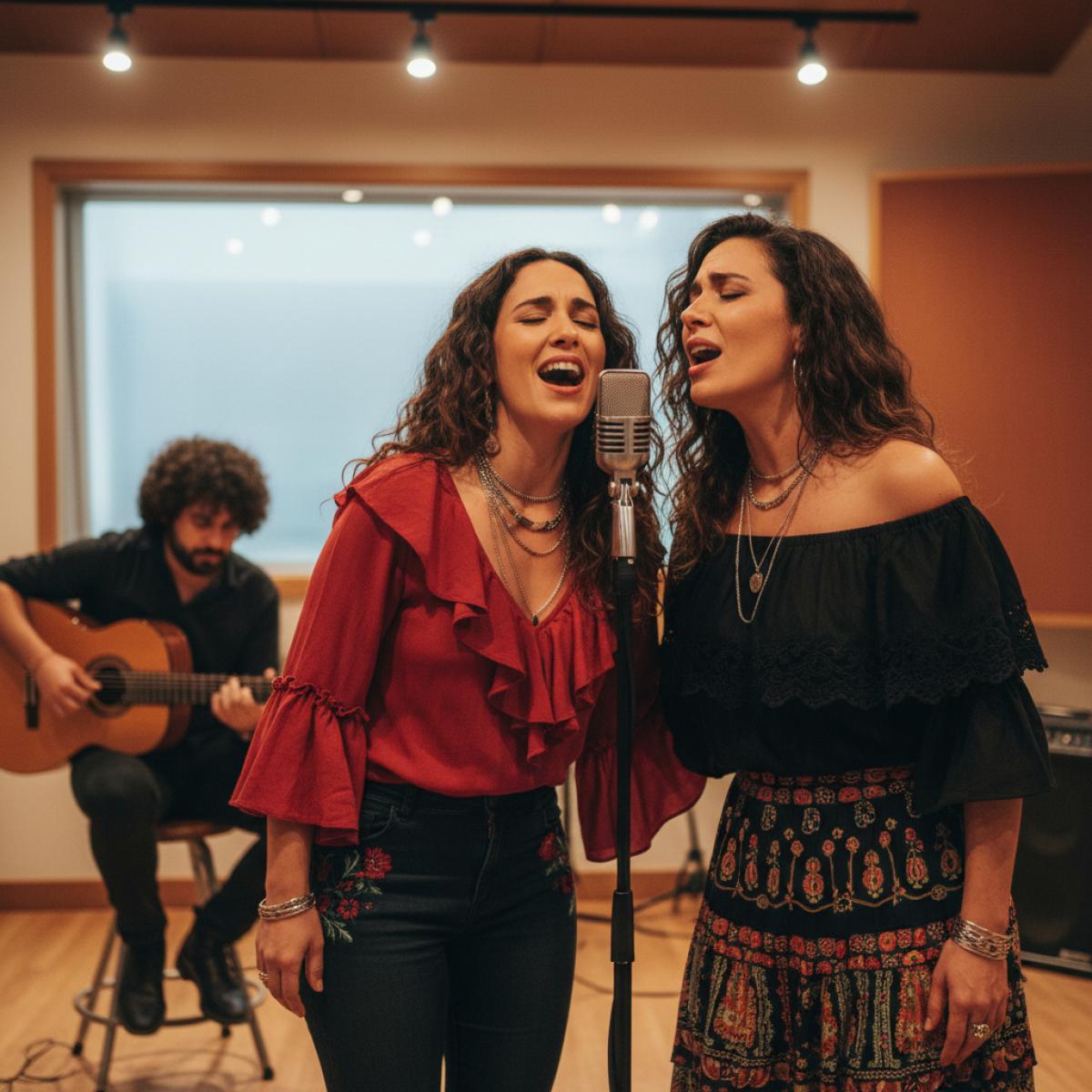 Deux chanteuses enregistrent en studio, micro partagé, guitare flamenca en arrière-plan, ambiance chaude.