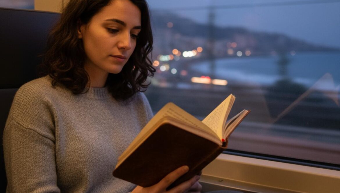 Jeune femme, carnet ancien en main, regard perdu à la fenêtre d’un train au crépuscule, reflets de lumières urbaines et émotion contenue.