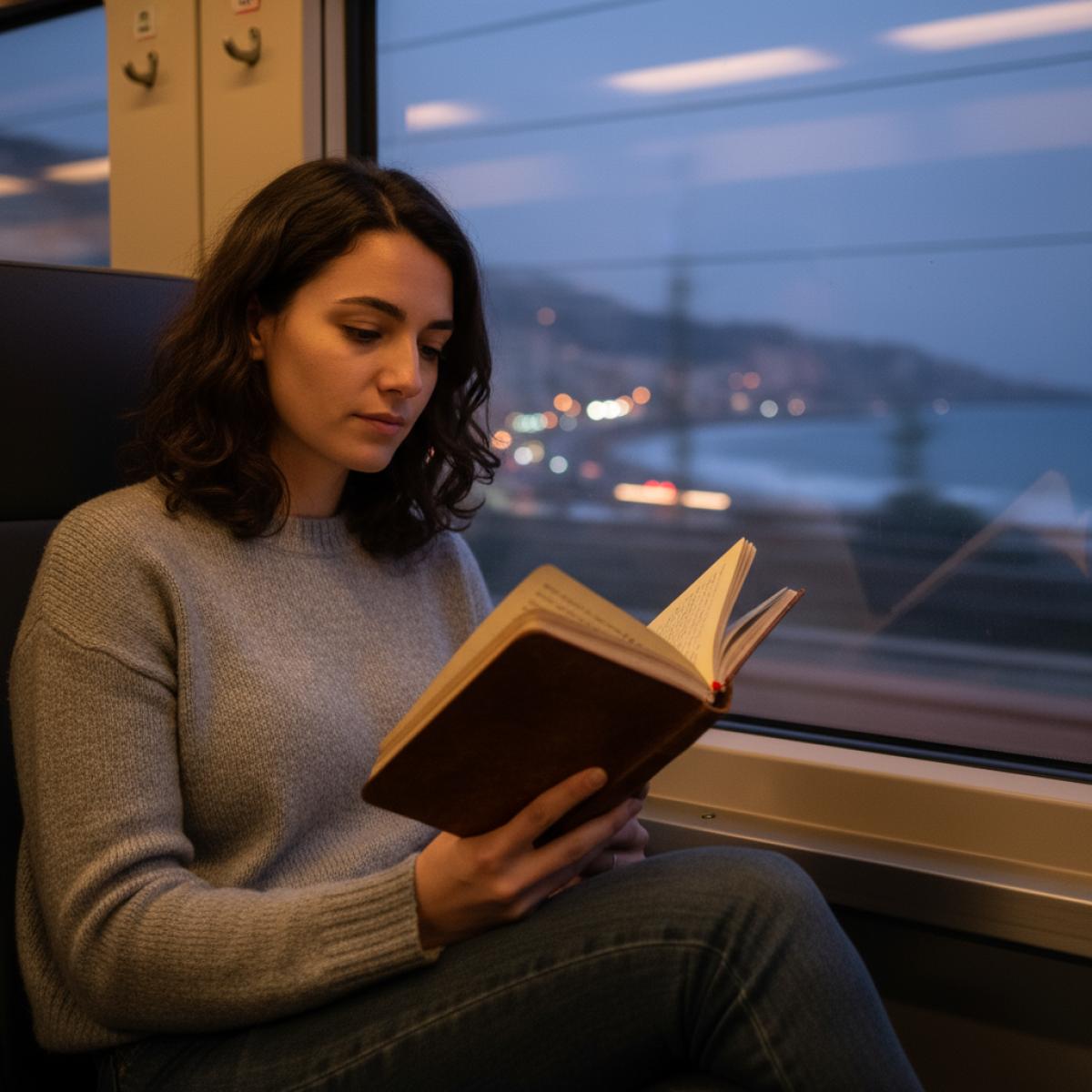Jeune femme, carnet ancien en main, regard perdu à la fenêtre d’un train au crépuscule, reflets de lumières urbaines et émotion contenue.