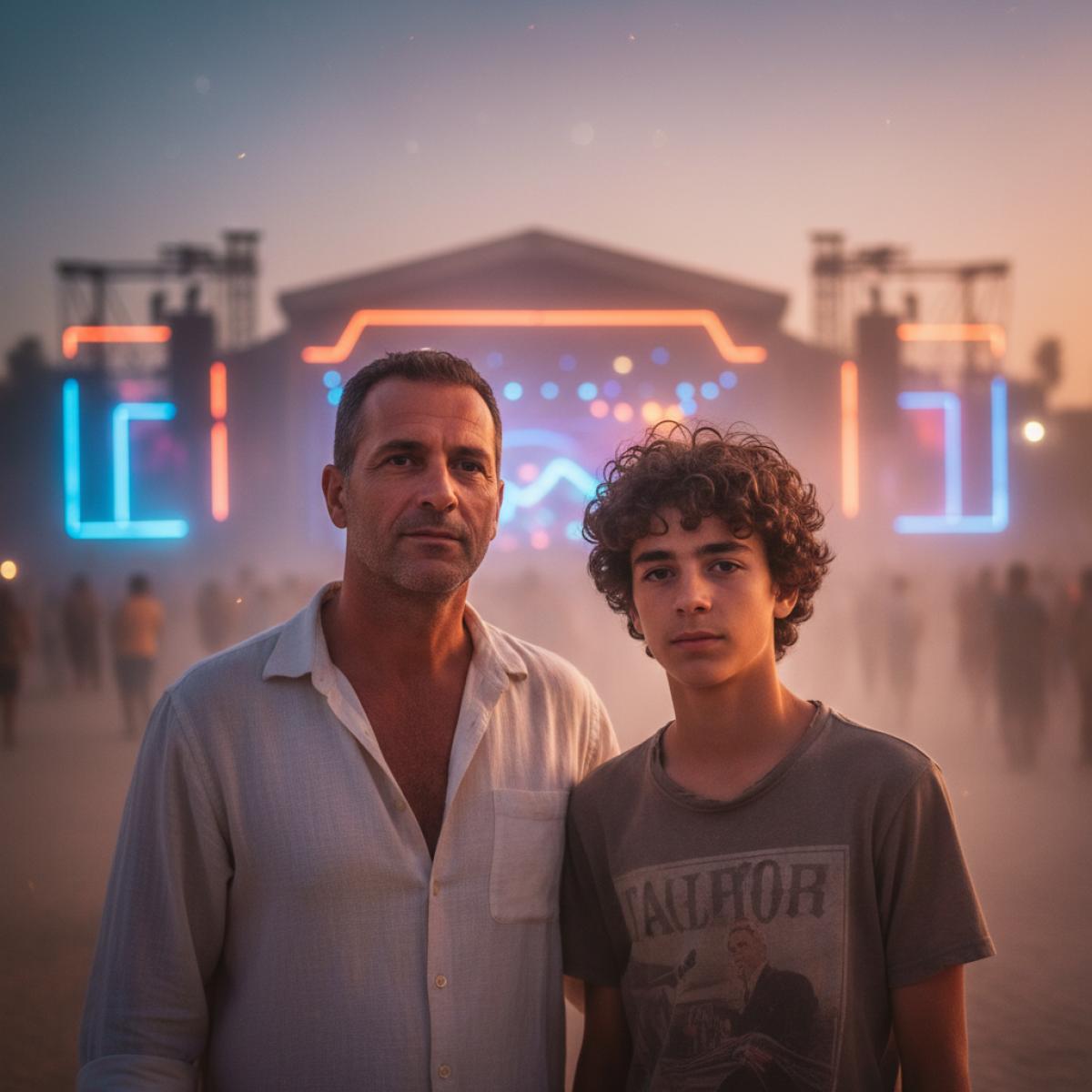 Un père et son fils, éclairés par des néons dans la poussière d’un désert, au cœur d’une fête nocturne.