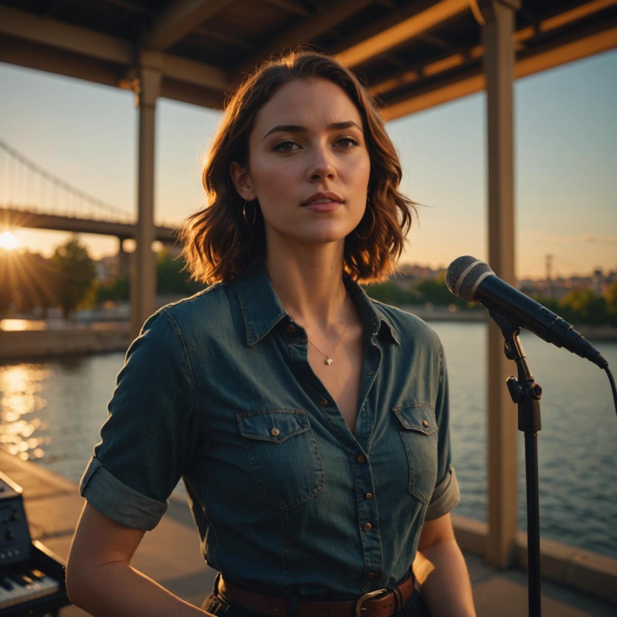 Une chanteuse en studio, éclairage doré, avec en arrière-plan des arches stylisées et un pont évoquant Córdoba.