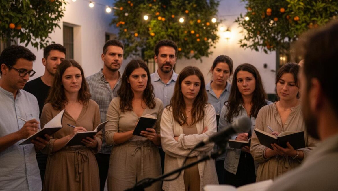 Un public varié écoute une lecture de poésie au crépuscule, dans un patio blanc aux orangers et guirlandes lumineuses.