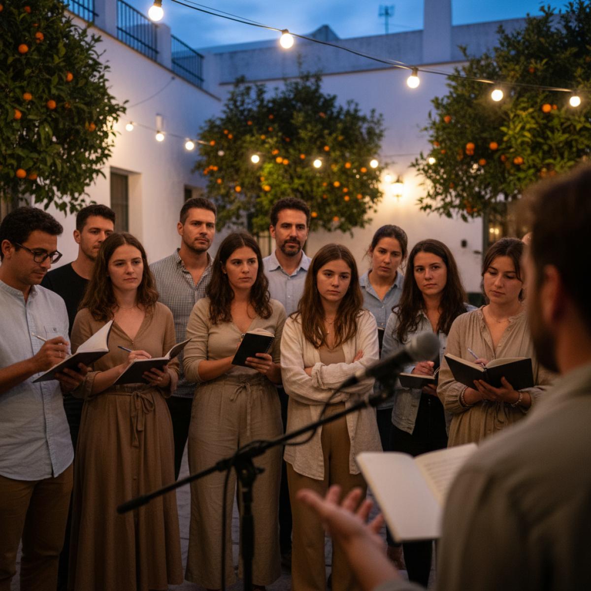 Un public varié écoute une lecture de poésie au crépuscule, dans un patio blanc aux orangers et guirlandes lumineuses.
