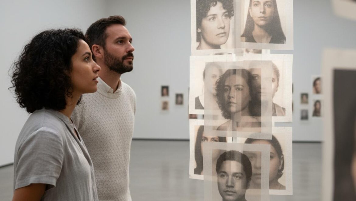 Deux visiteurs admirent des portraits translucides suspendus sur papier délicat dans une galerie épurée.