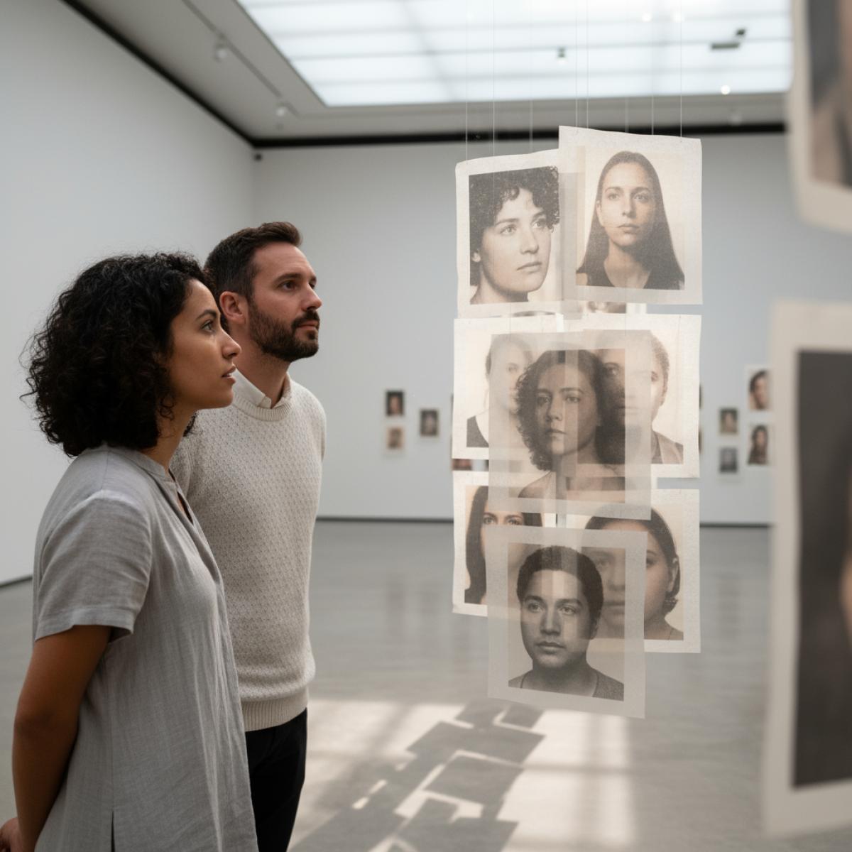 Deux visiteurs admirent des portraits translucides suspendus sur papier délicat dans une galerie épurée.