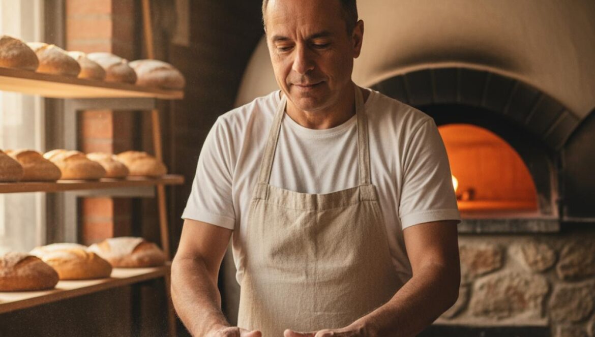 Artisan cordouan façonnant une miche au levain dans un fournil chaleureux, pains dorés en arrière-plan.
