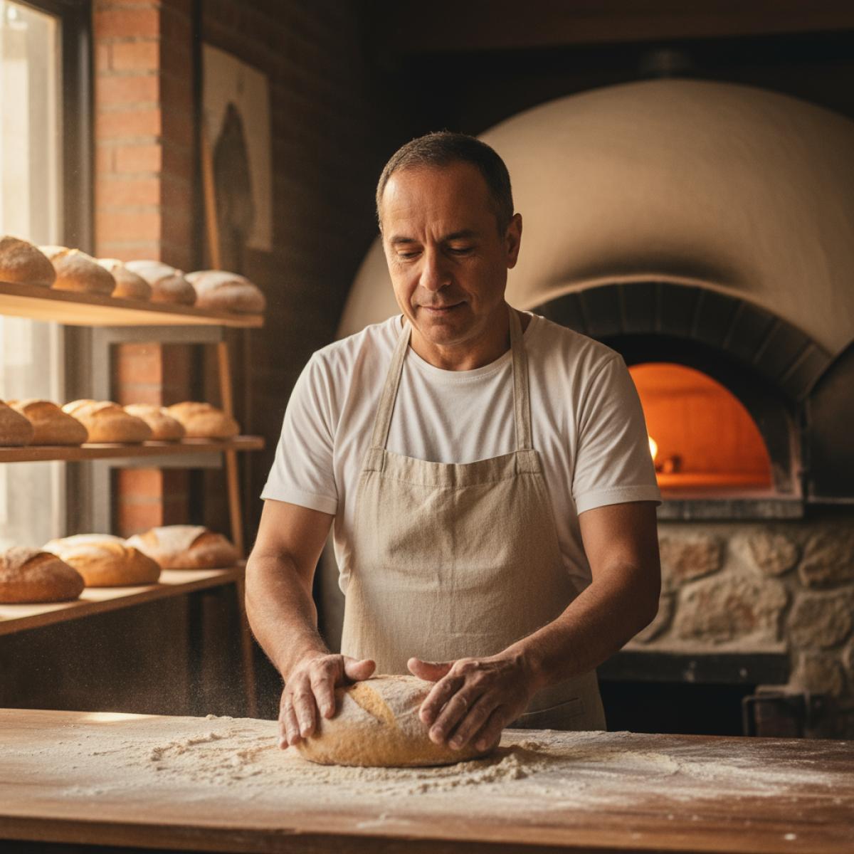 Artisan cordouan façonnant une miche au levain dans un fournil chaleureux, pains dorés en arrière-plan.