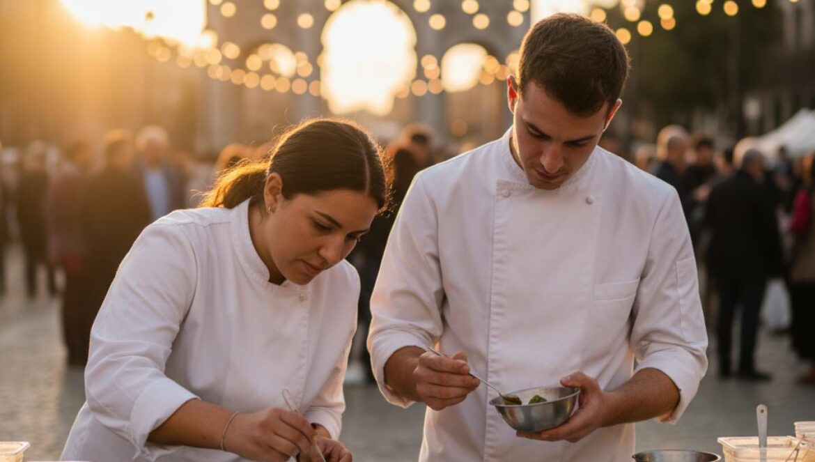 Deux chefs dressent des tapas en plein air au coucher du soleil, foule floue et arc de pierre en arrière-plan.