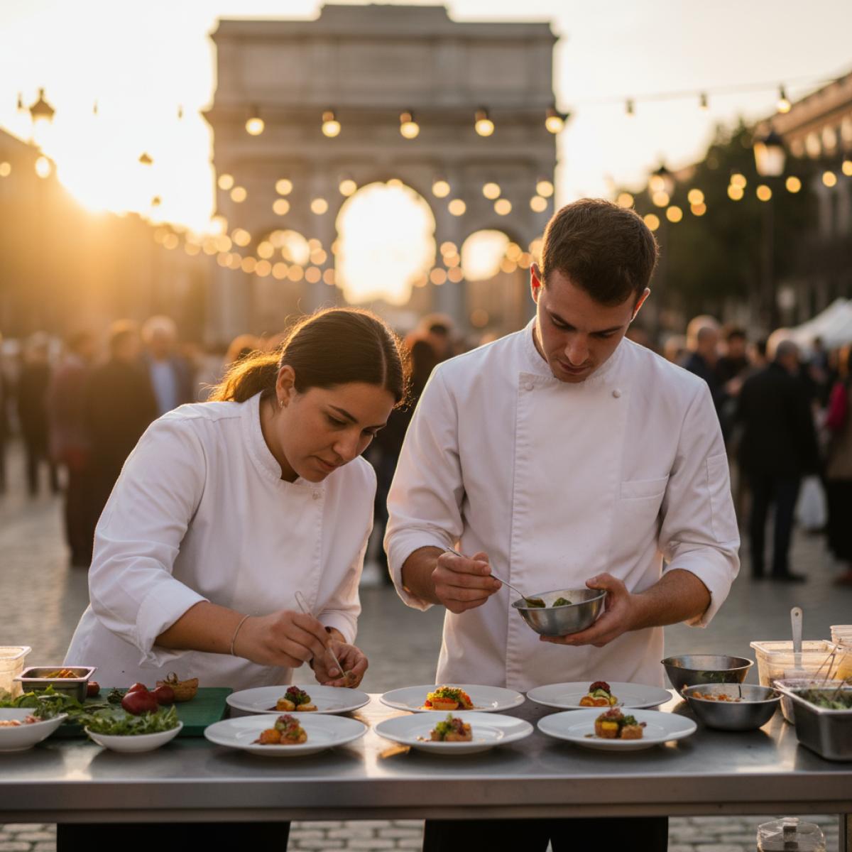 Deux chefs dressent des tapas en plein air au coucher du soleil, foule floue et arc de pierre en arrière-plan.