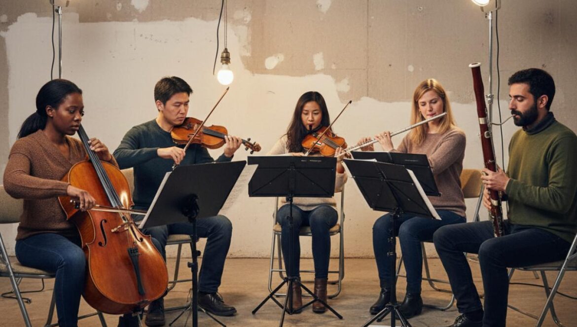 Musiciens classiques répètent dans une salle provisoire, chaises pliantes, pupitres et acoustique visiblement sommaire.