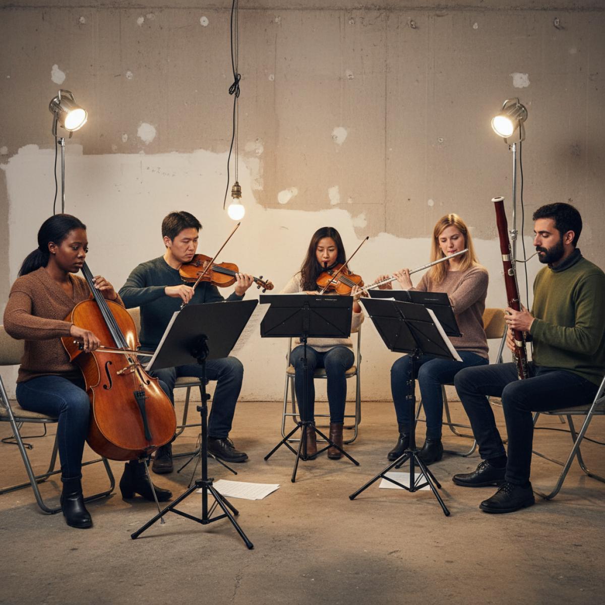 Musiciens classiques répètent dans une salle provisoire, chaises pliantes, pupitres et acoustique visiblement sommaire.