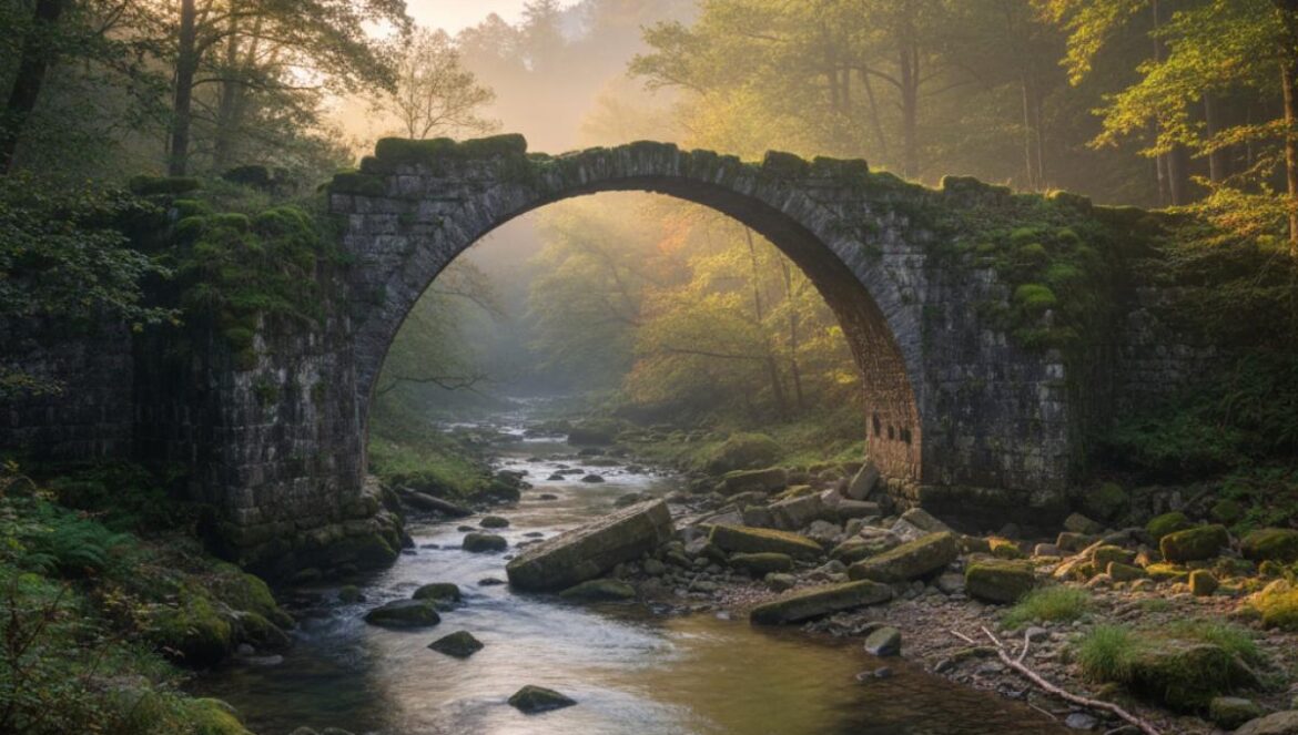 Vieux pont de pierre partiellement effondré au-dessus d’une rivière, enveloppé de brume matinale.