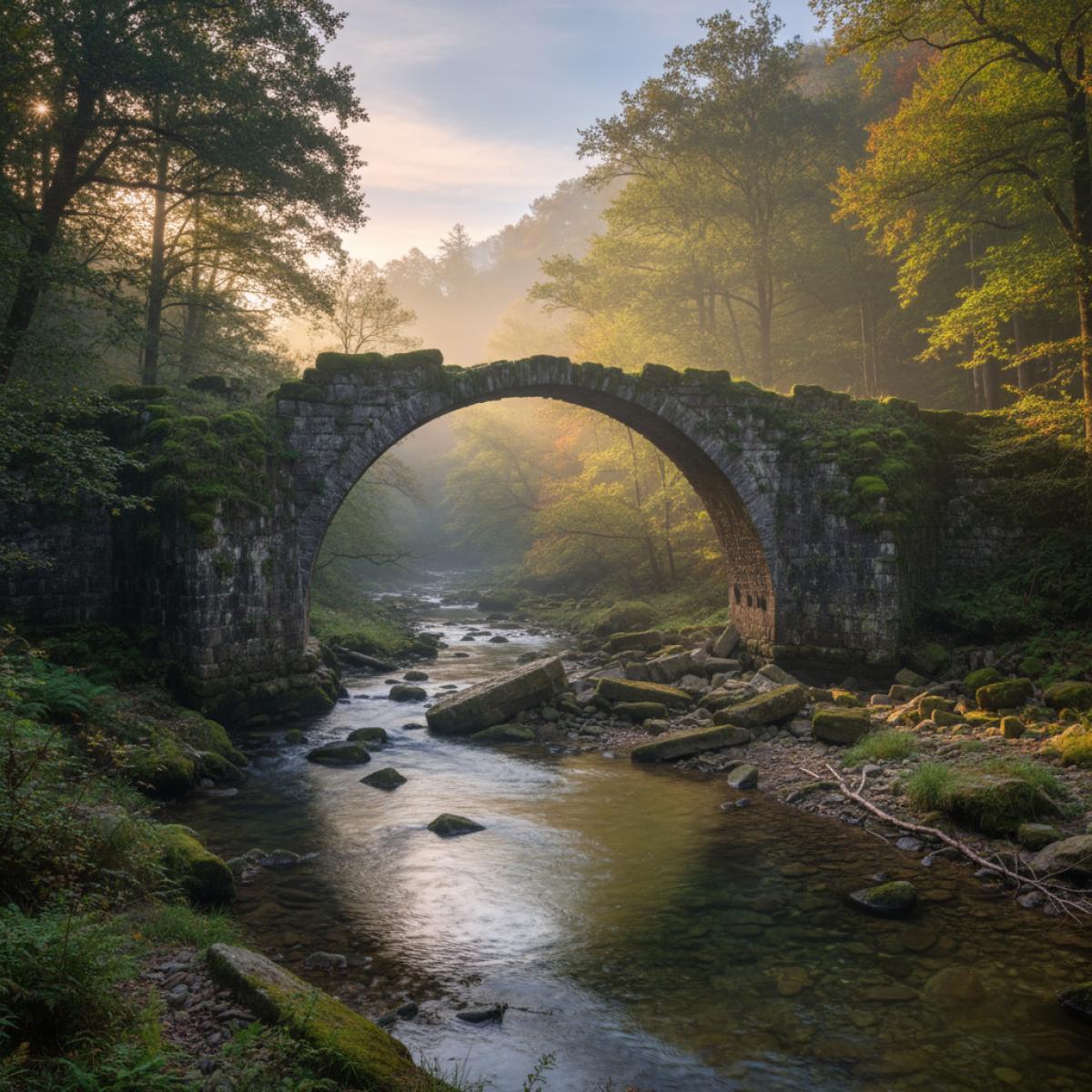 Vieux pont de pierre partiellement effondré au-dessus d’une rivière, enveloppé de brume matinale.