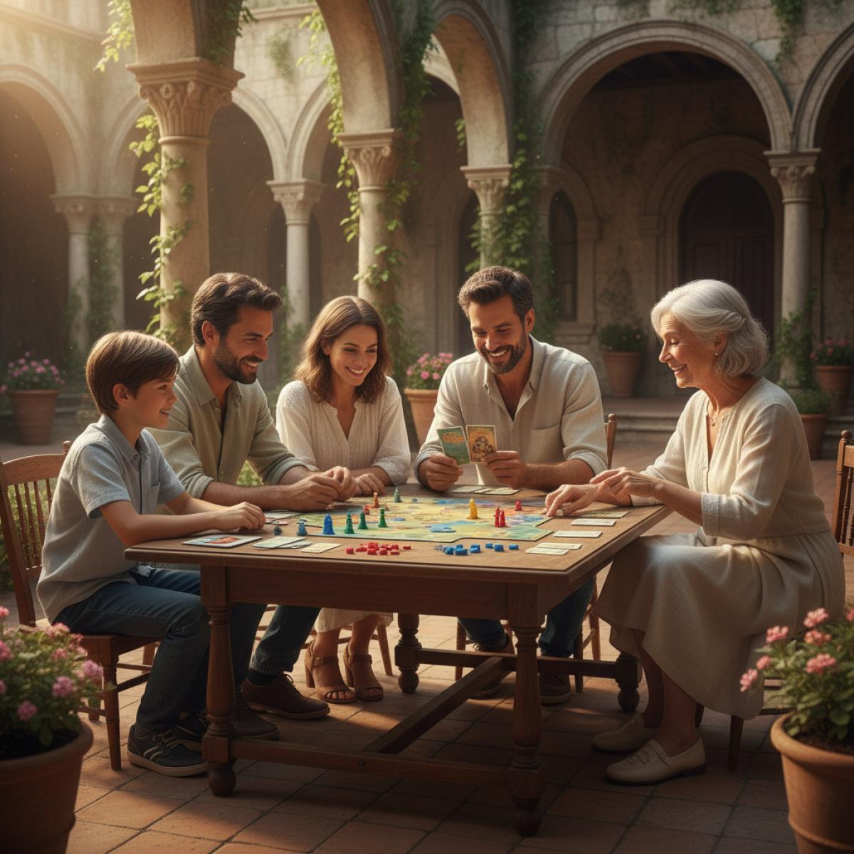 Groupe de joueurs de tous âges autour d’un plateau, sous des arcades d’un patio historique, lumière dorée.