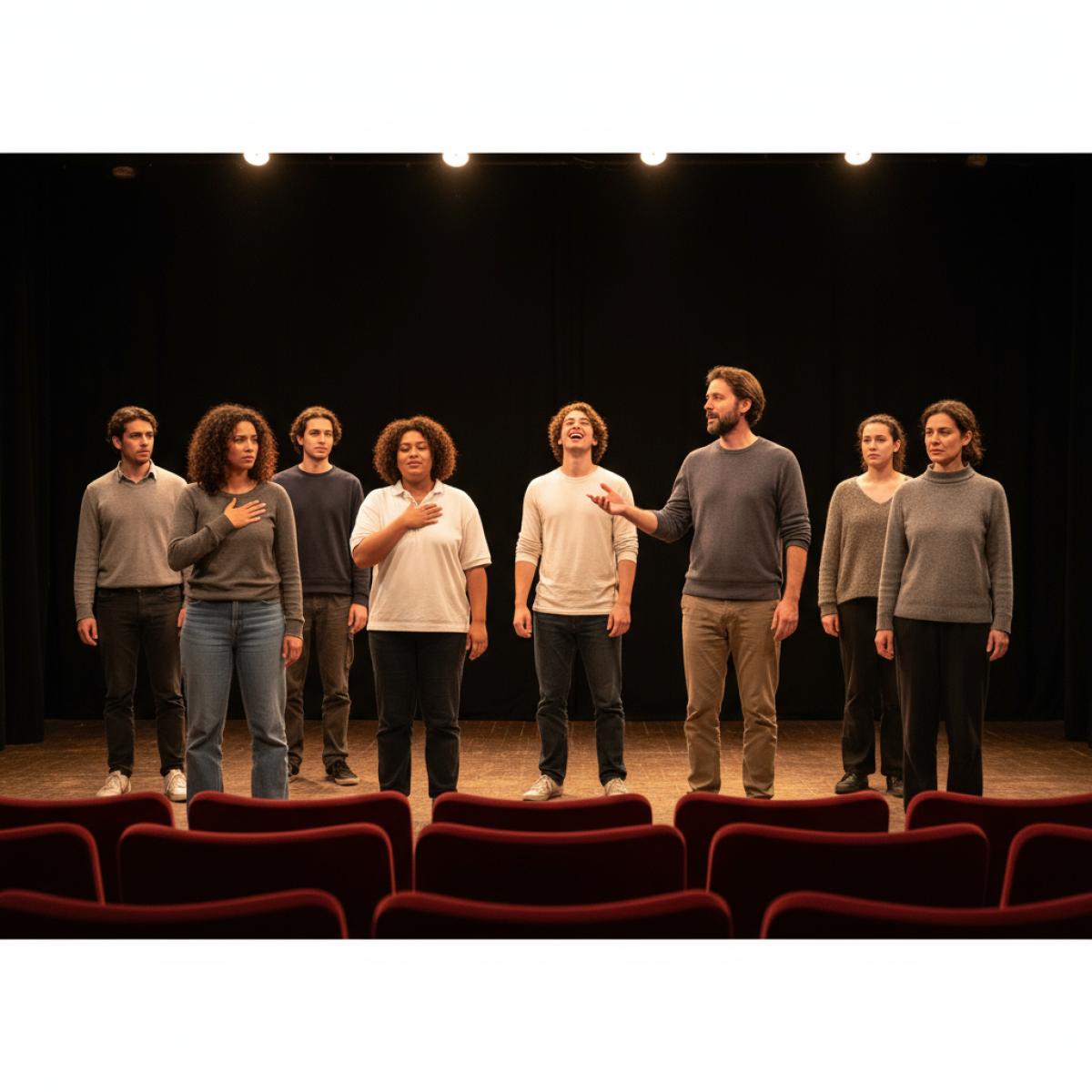 Acteurs en répétition sur une petite scène, lumière chaude, rangées de fauteuils rouges au premier plan.